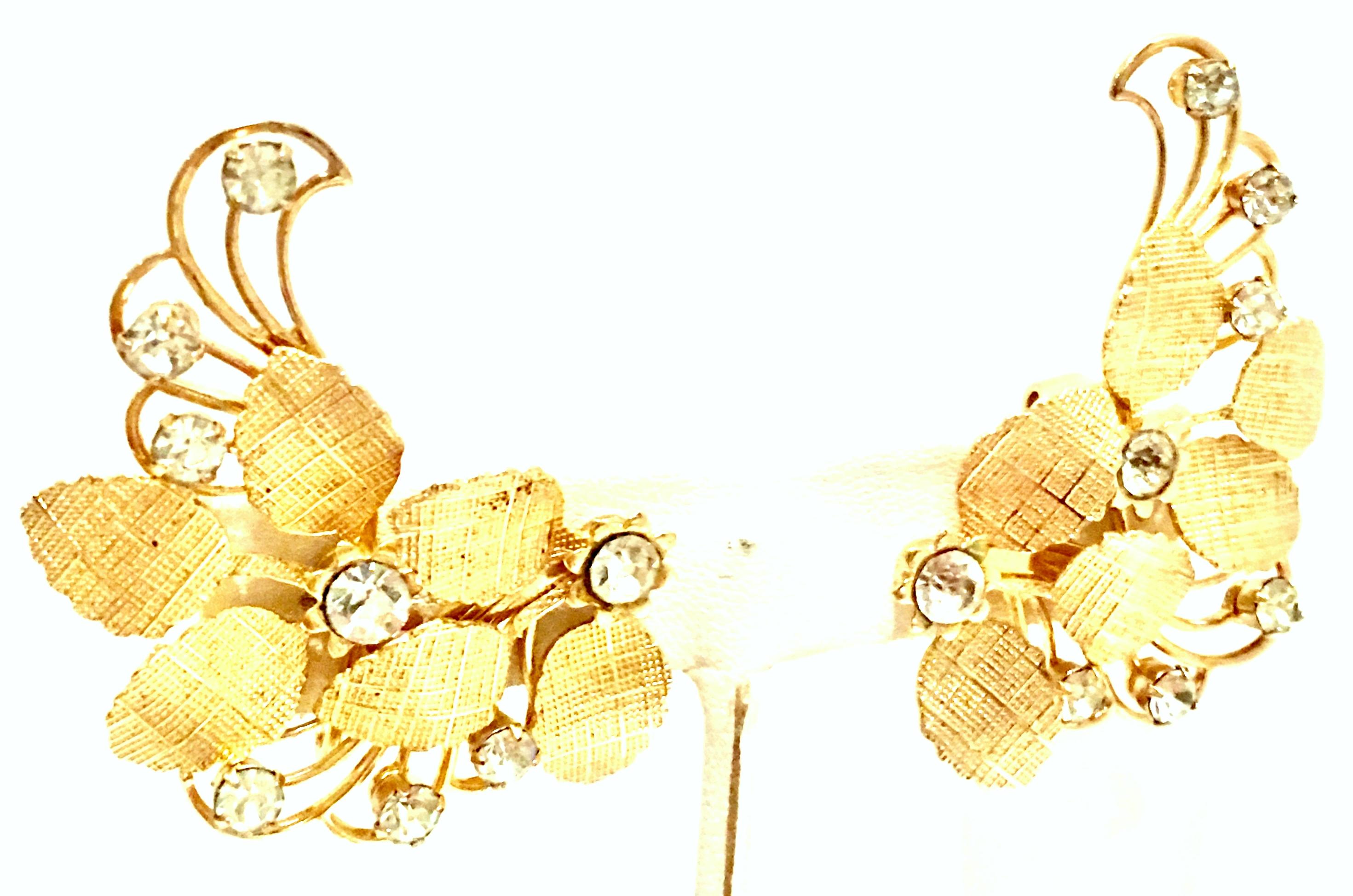 Women's or Men's 20th Century Pair Of Gold & Austrian Crystal Abstract Floral Earrings For Sale