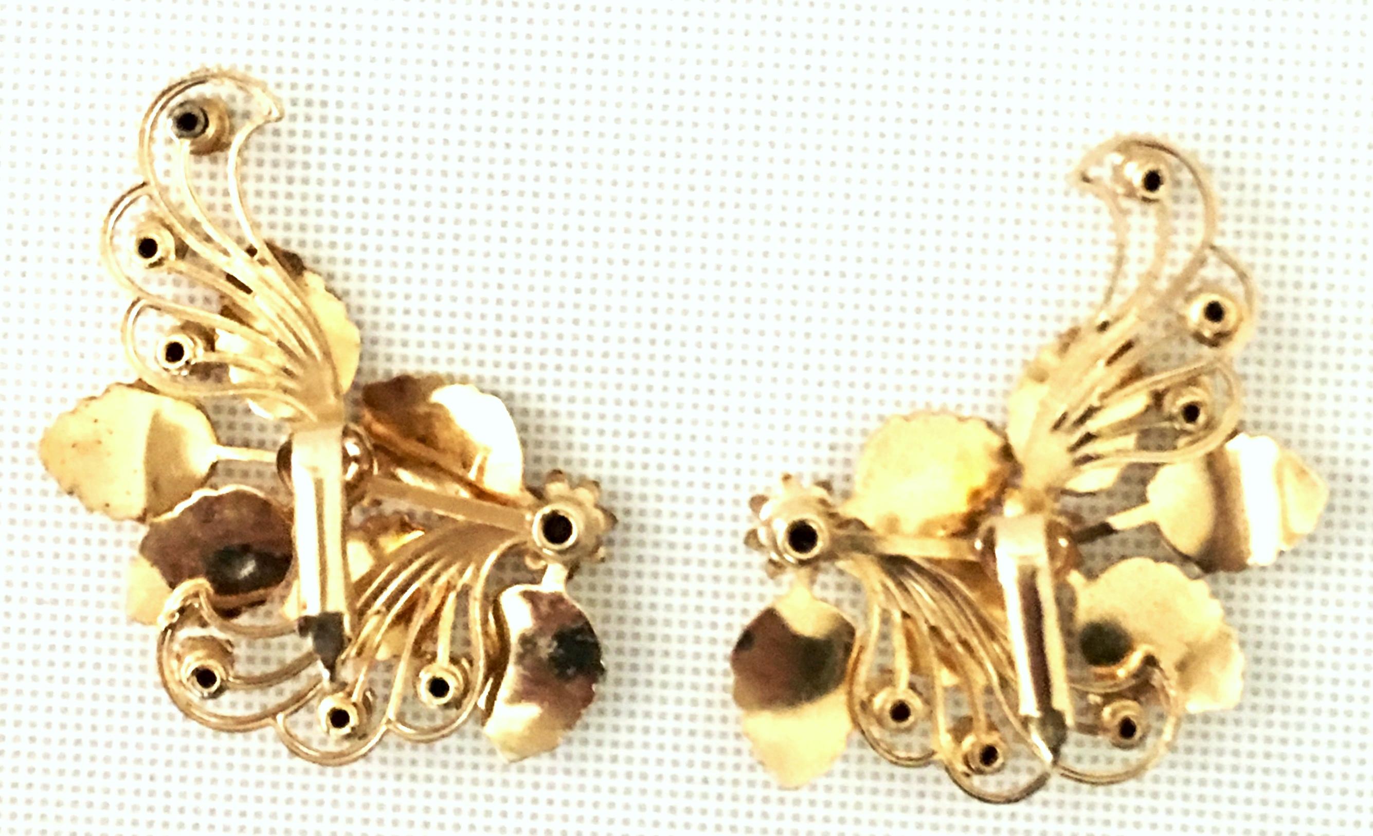 20th Century Pair Of Gold & Austrian Crystal Abstract Floral Earrings For Sale 3