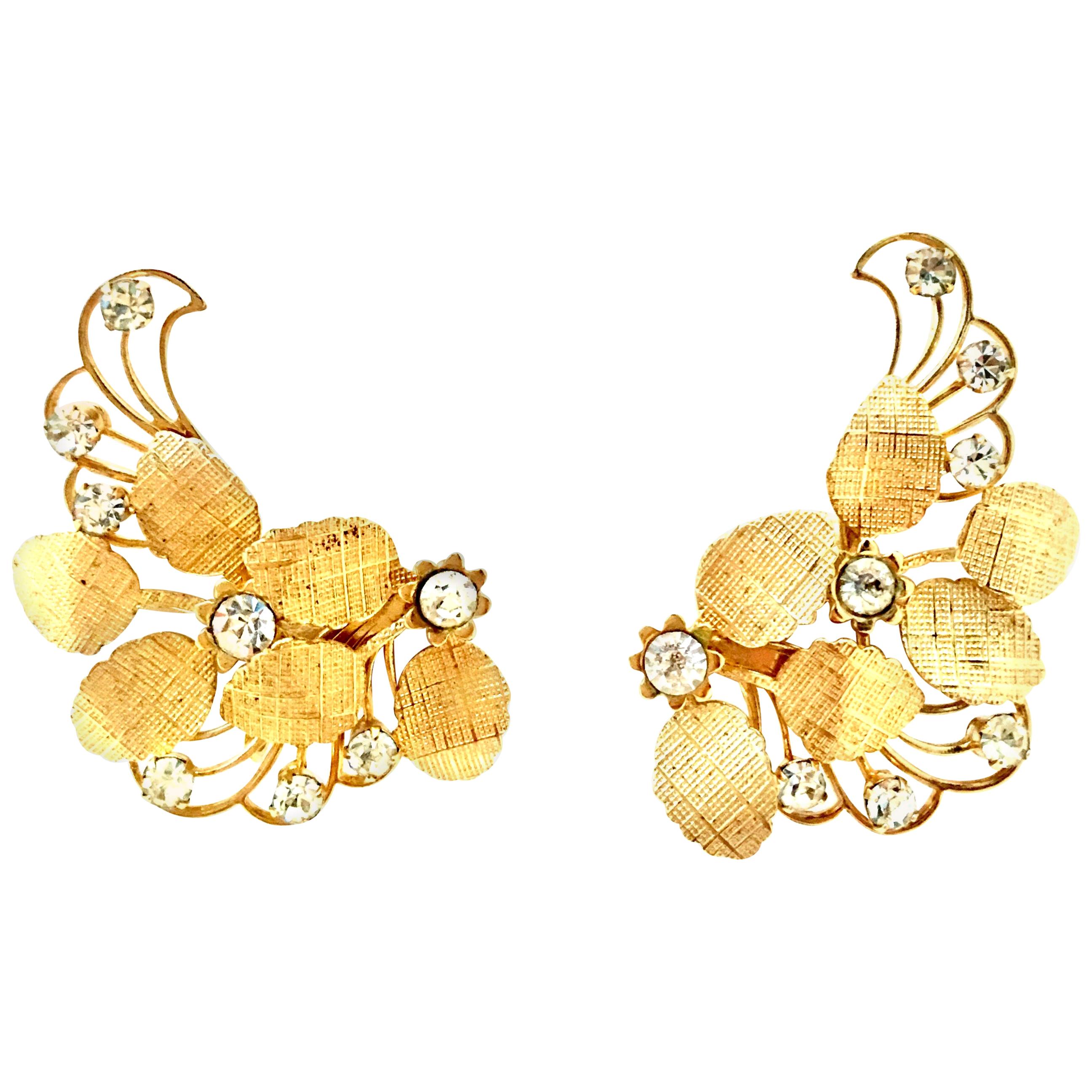 20th Century Pair Of Gold & Austrian Crystal Abstract Floral Earrings For Sale