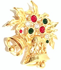 20th Century Pair of Gold & Austrian Crystal Christmas Brooch's Set Of Two