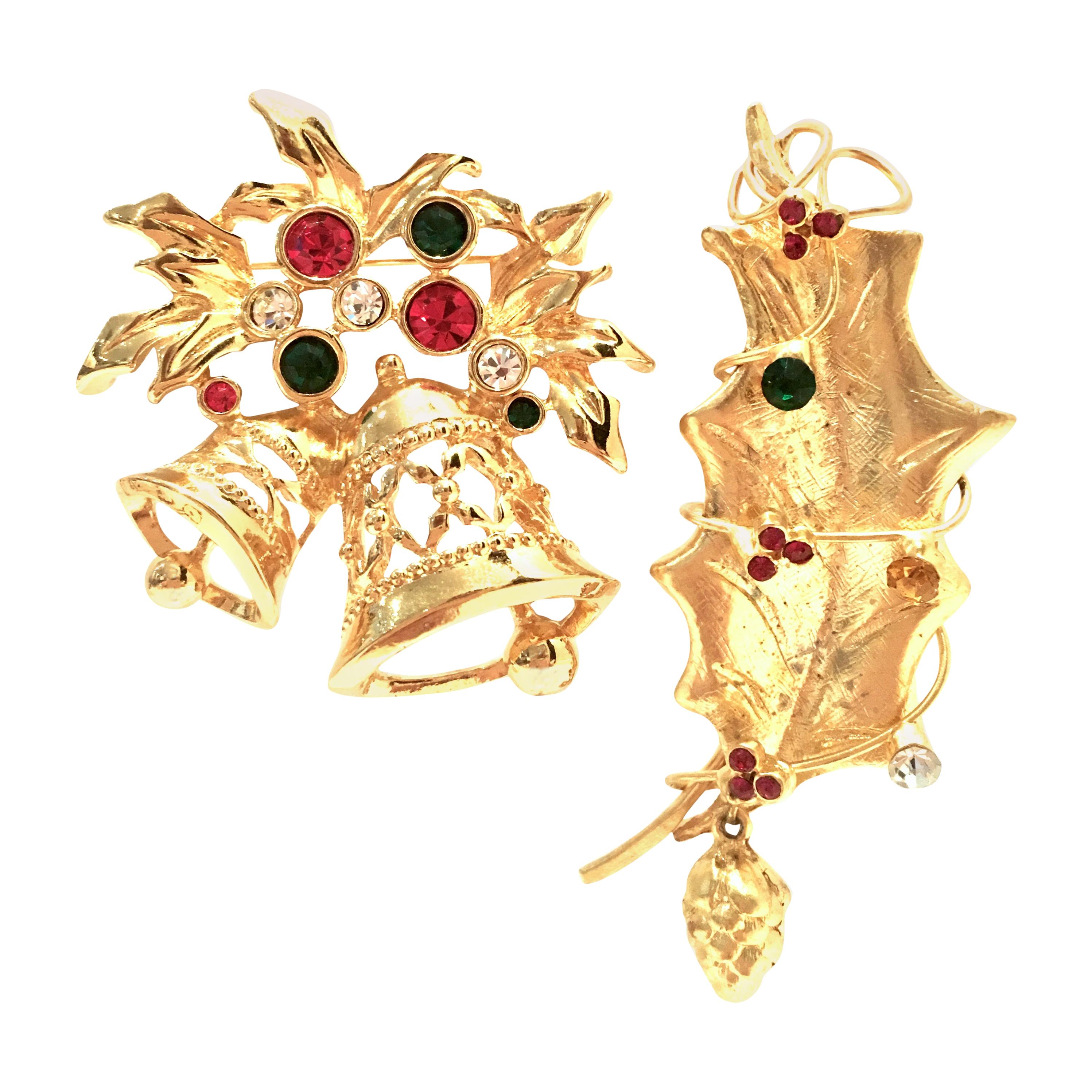 20th Century Pair of Gold & Austrian Crystal Christmas Brooch's Set Of Two  For Sale