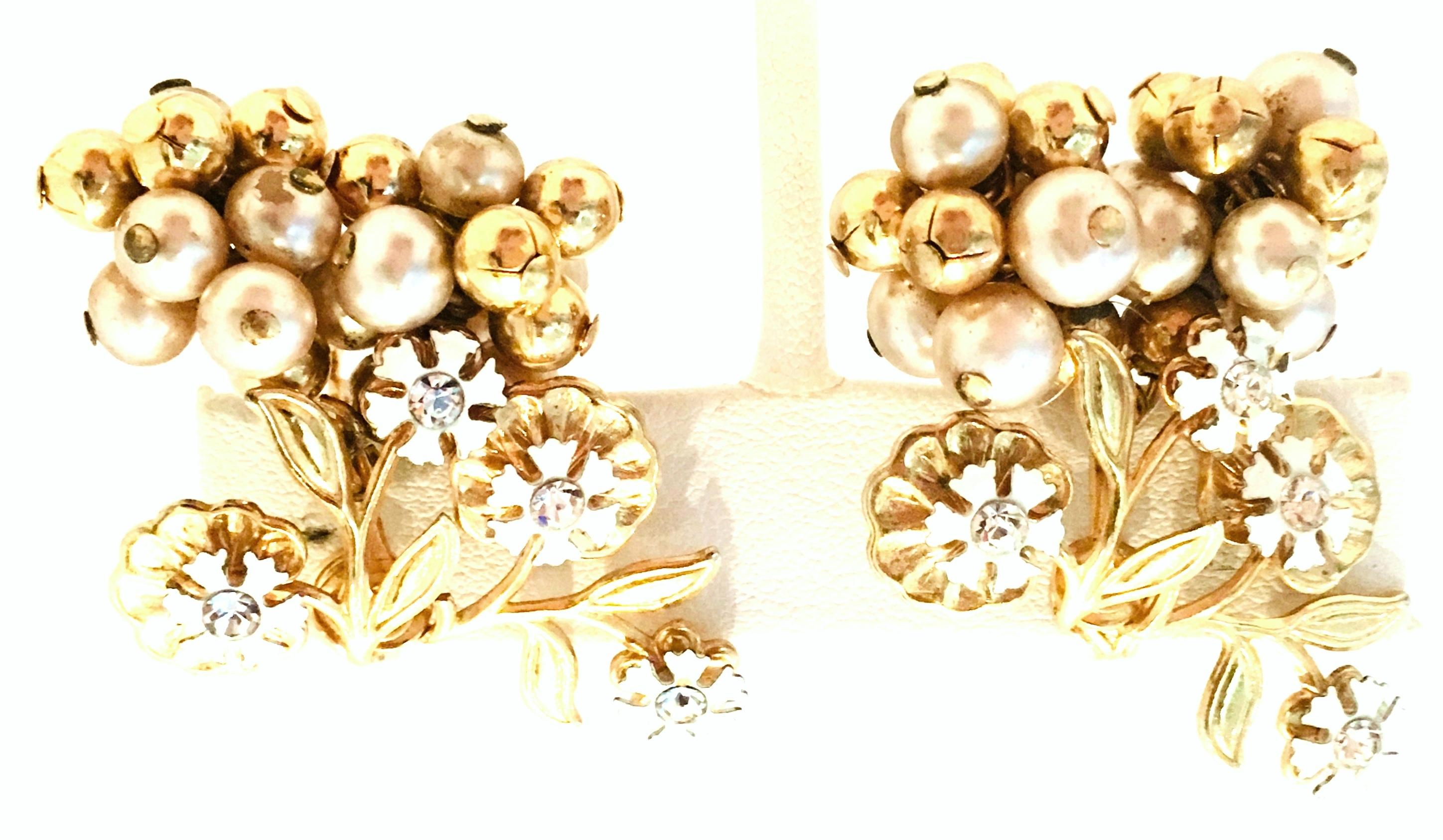 Women's or Men's 20th Century Pair Of Gold Enamel & Faux Pearl Dangle Floral Earrings For Sale