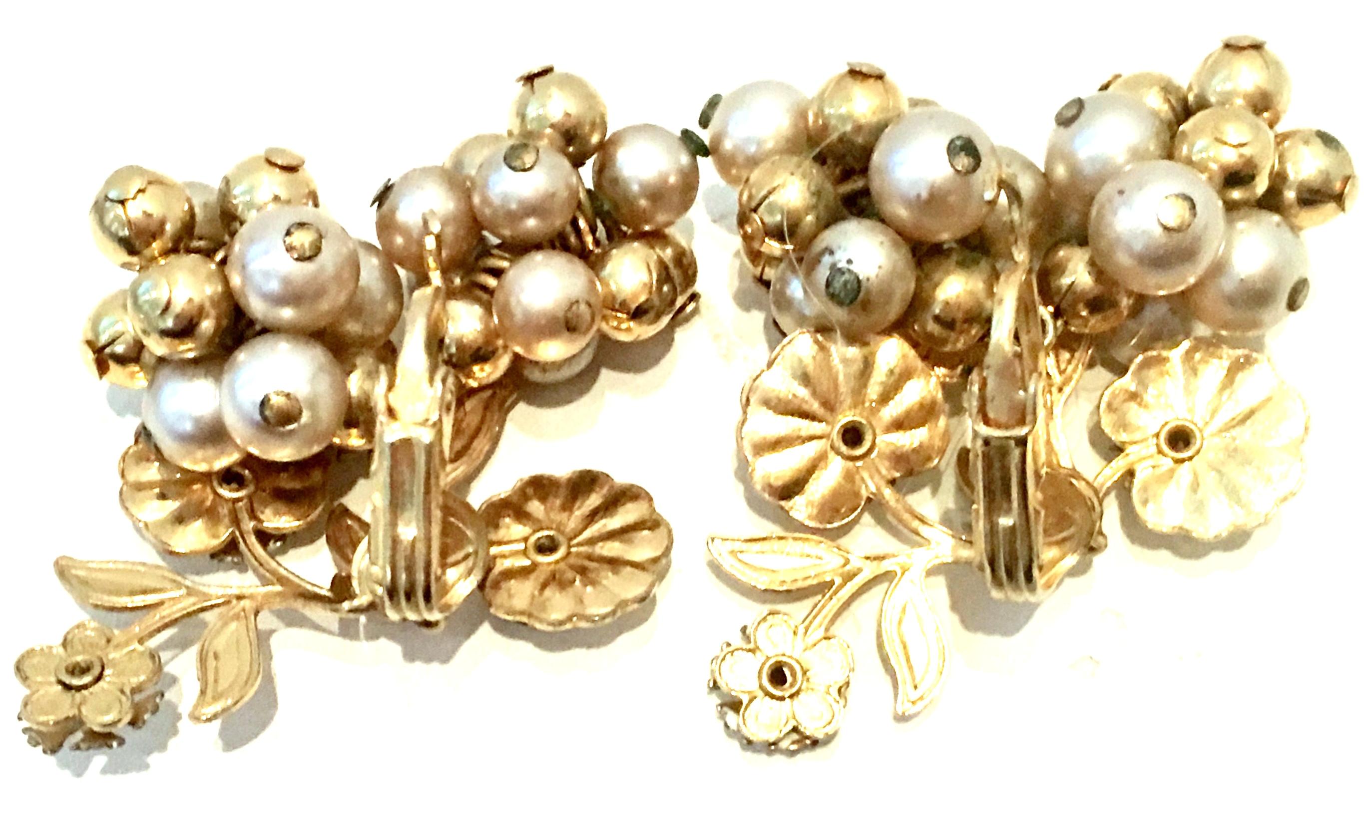 20th Century Pair Of Gold Enamel & Faux Pearl Dangle Floral Earrings For Sale 5