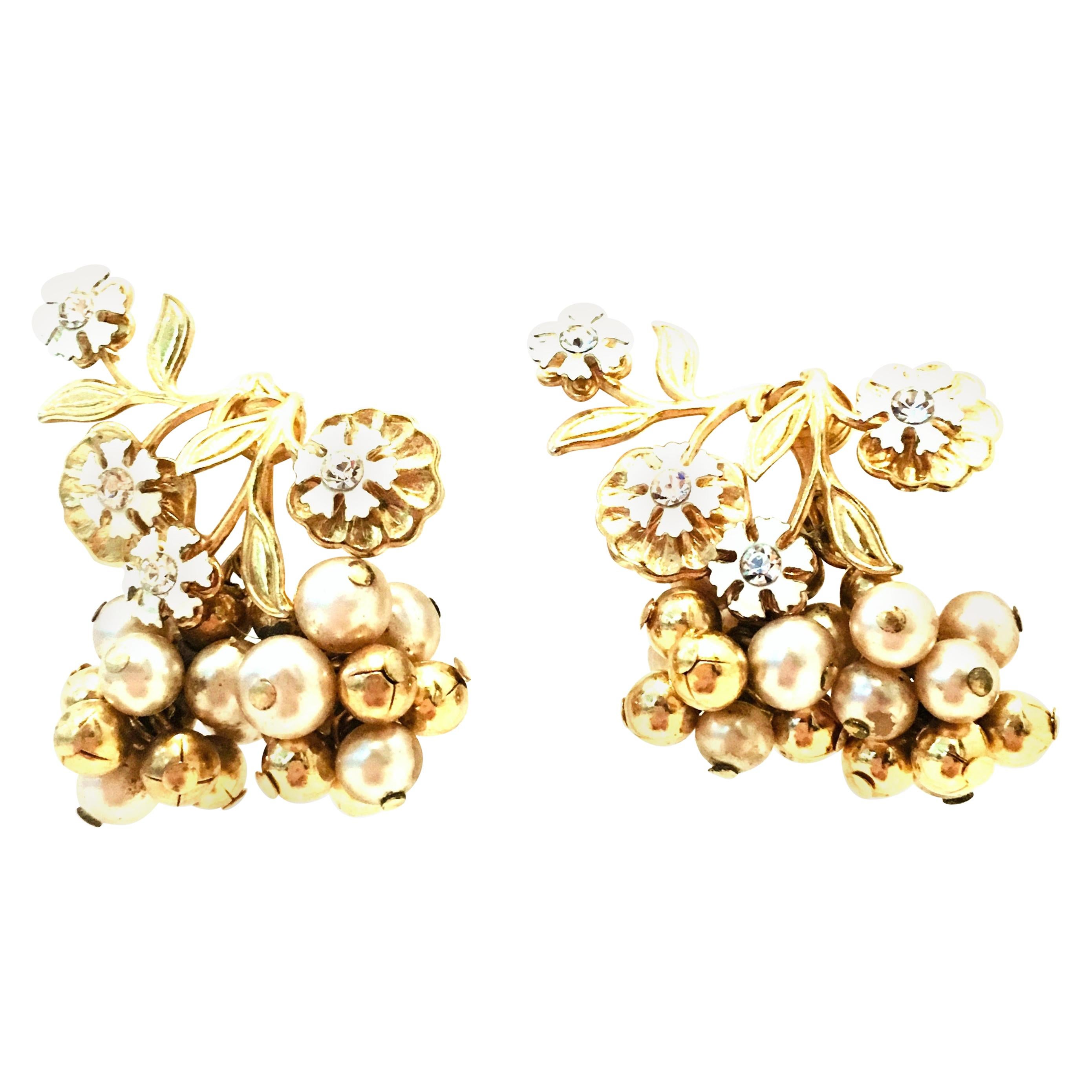 20th Century Pair Of Gold Enamel & Faux Pearl Dangle Floral Earrings For Sale