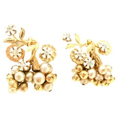 Vintage 20th Century Pair Of Gold Enamel & Faux Pearl Dangle Floral Earrings