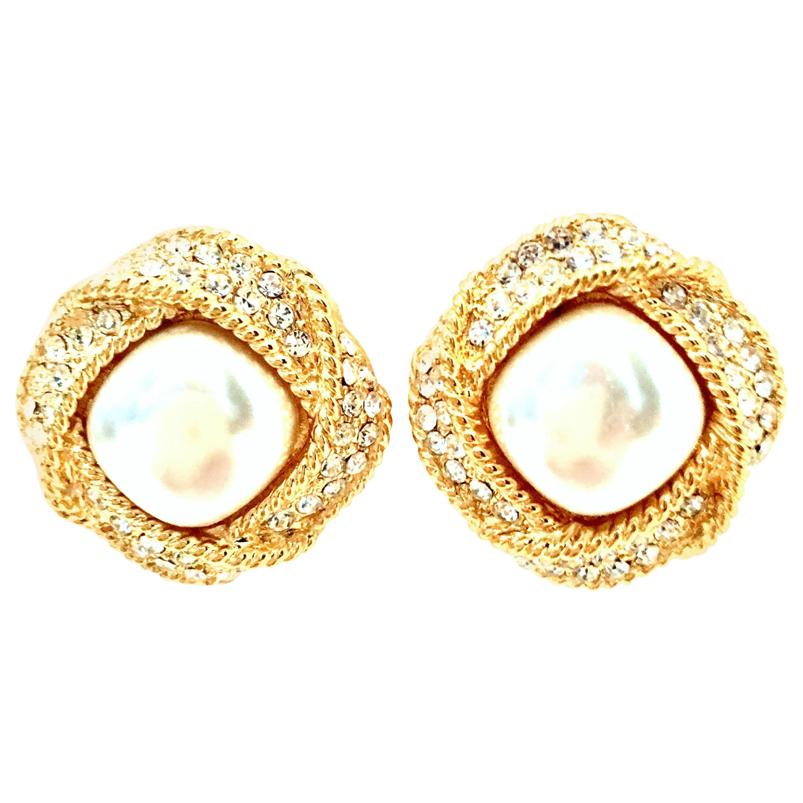20th Century Pair Of Gold Faux Pearl & Austrian Crystal Earrings By, Napier For Sale