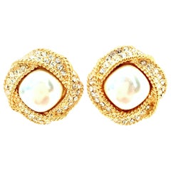 Retro 20th Century Pair Of Gold Faux Pearl & Austrian Crystal Earrings By, Napier