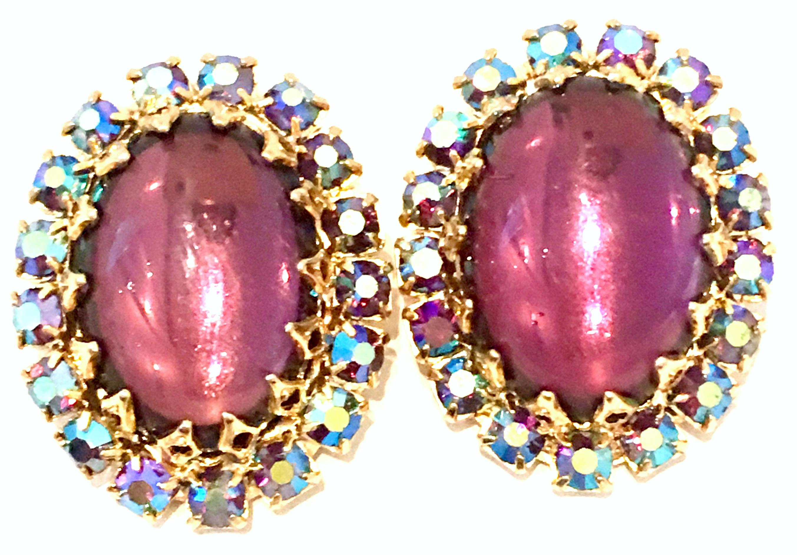 20th Century Pair Of Gold, Molded Glass & Austrian Crystal Earrings In Good Condition For Sale In West Palm Beach, FL