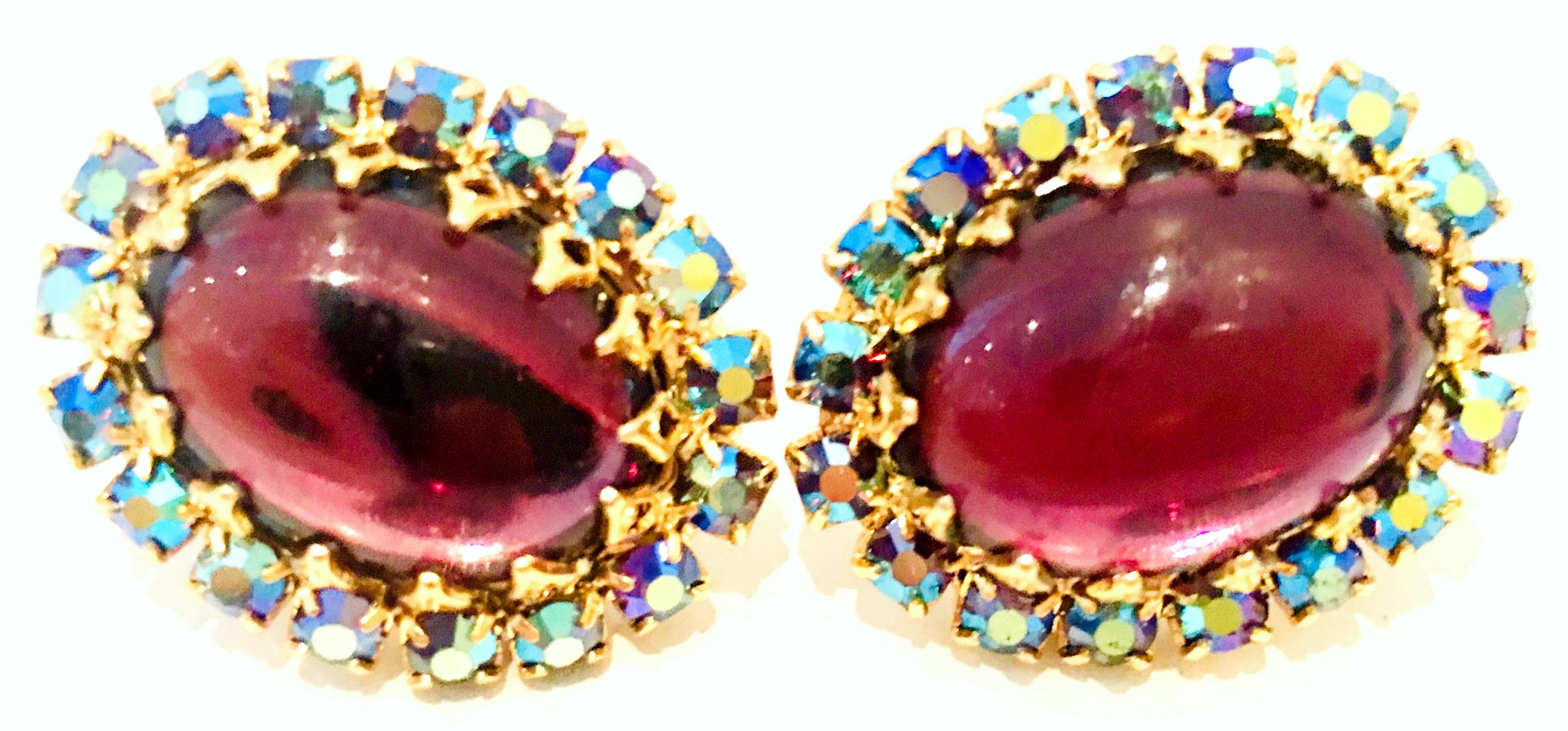 20th Century Pair Of Gold, Molded Glass & Austrian Crystal Earrings For Sale 1
