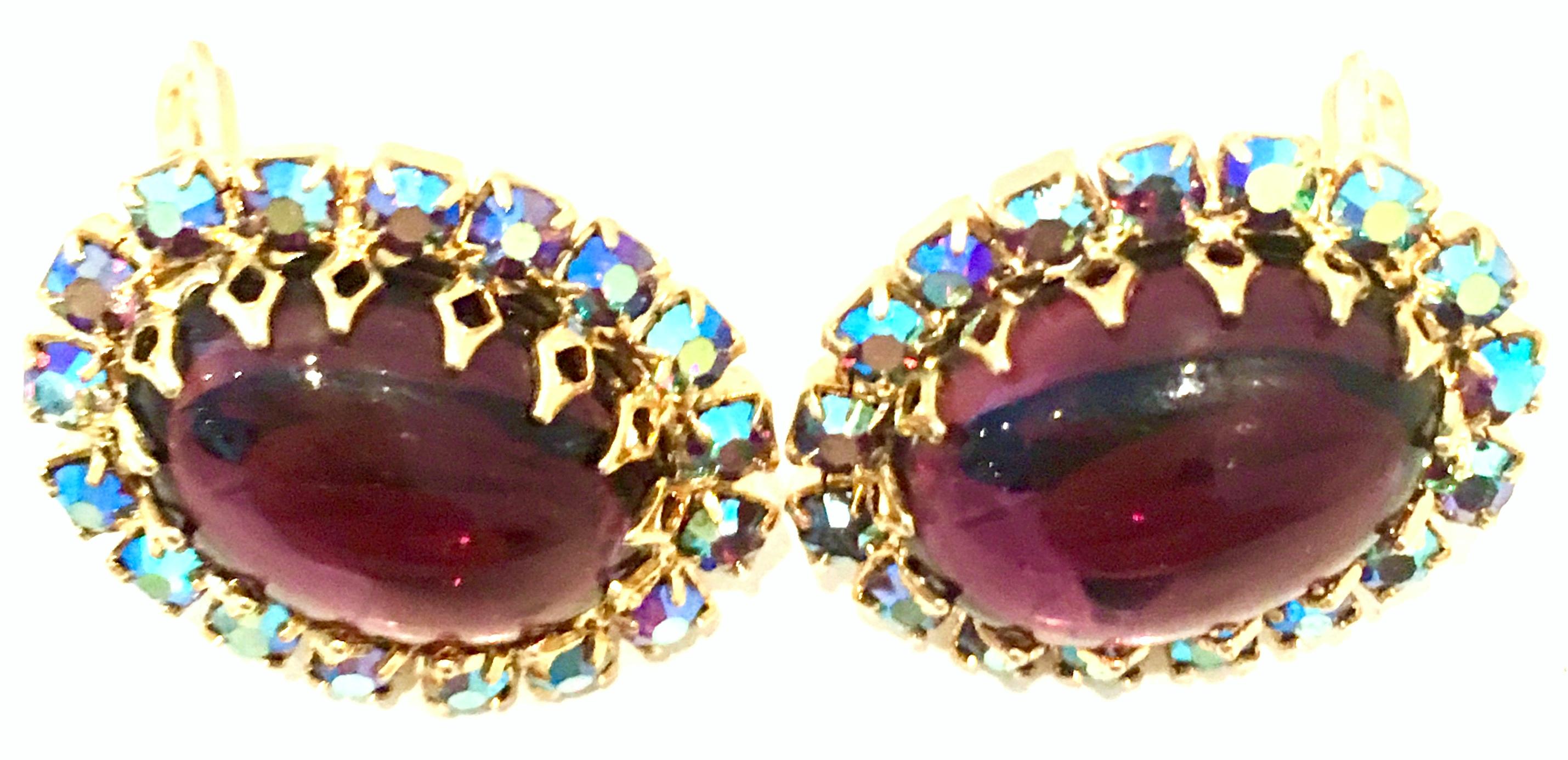 20th Century Pair Of Gold, Molded Glass & Austrian Crystal Earrings For Sale 2