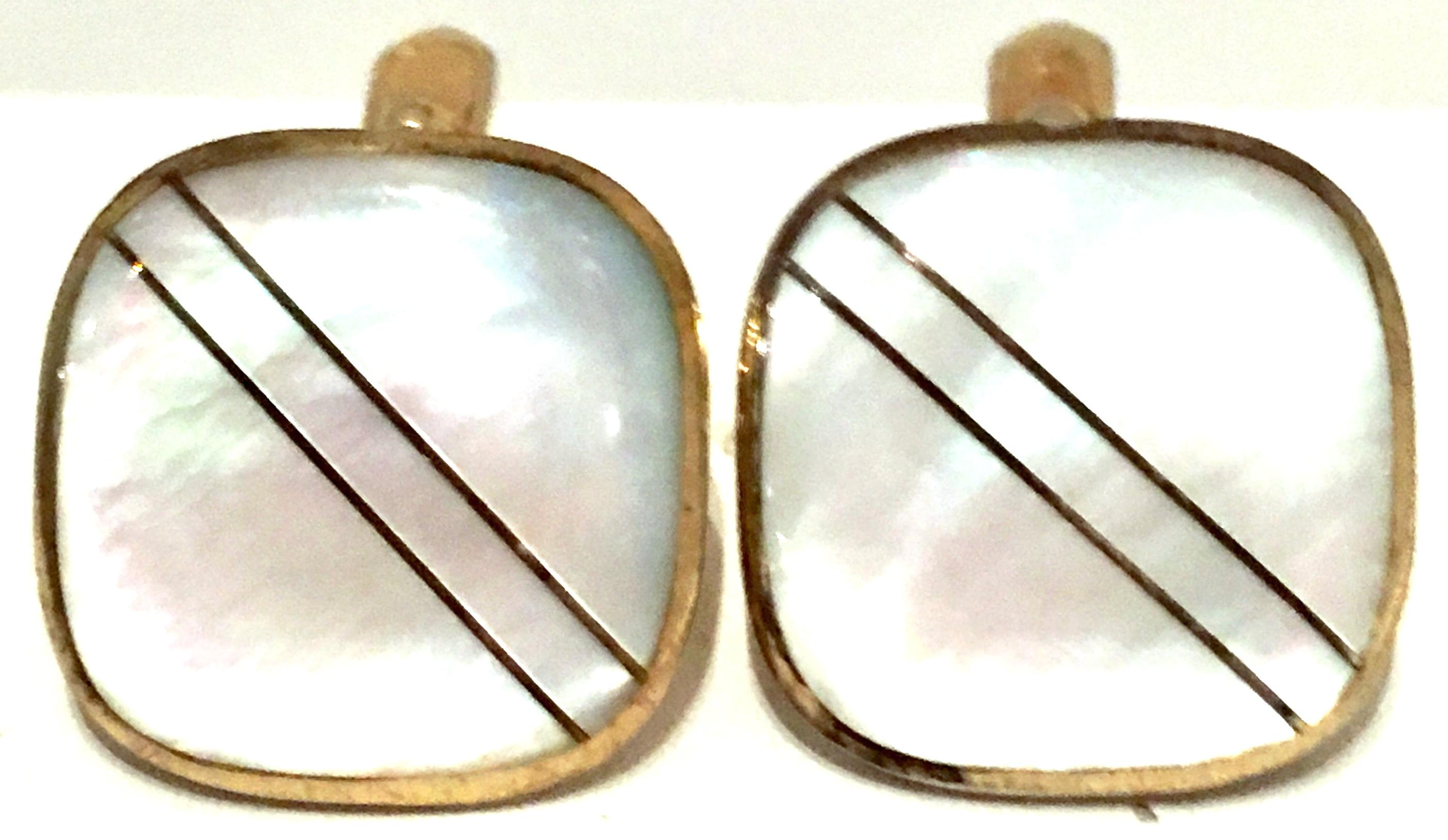 20th Century Pair Of Gold Plate Inlay & Mother Of Pearl Cufflinks