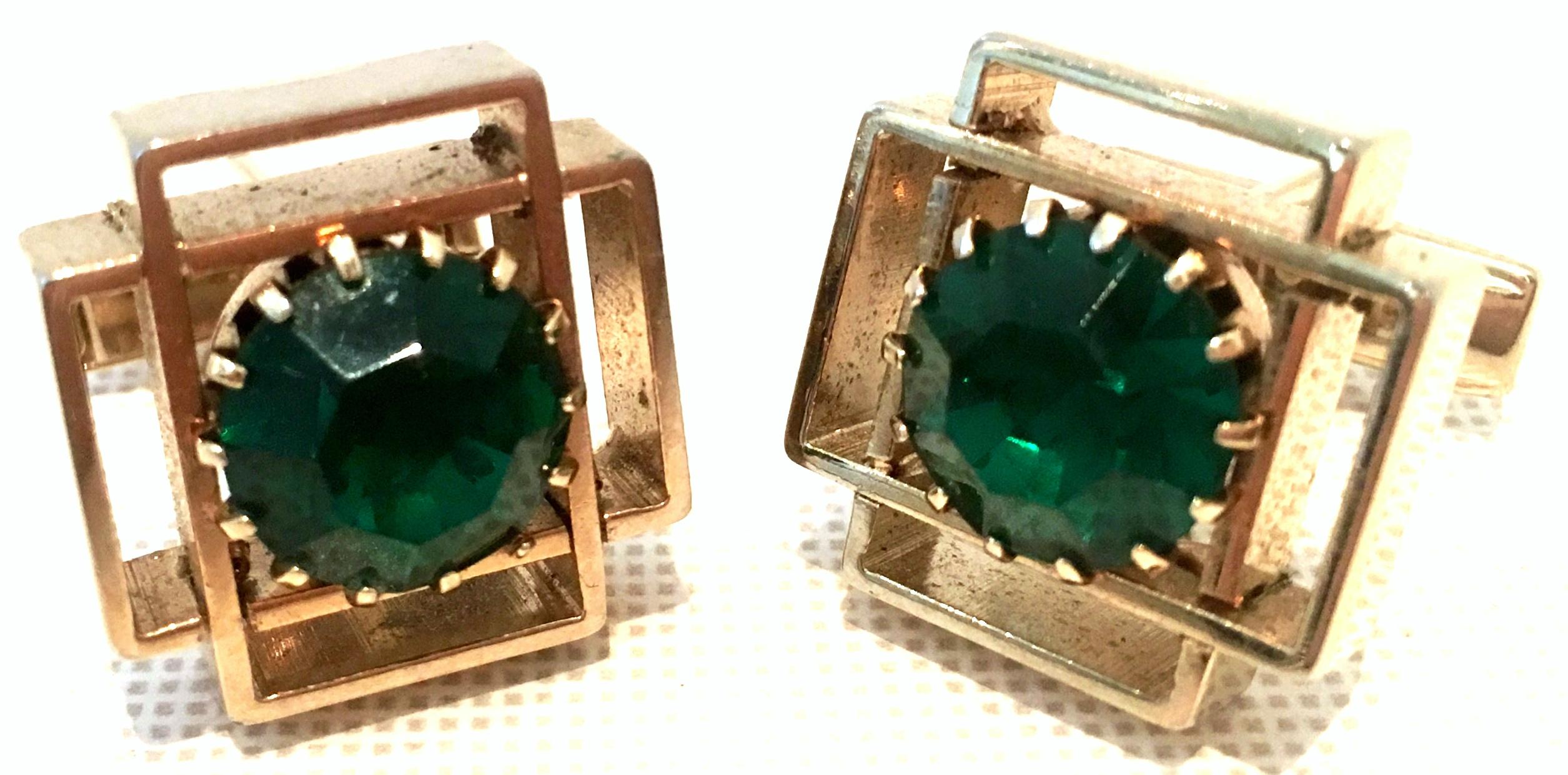 20th Century Pair Of Gold Plate & Austrian Crystal Geometric Cufflinks In Good Condition For Sale In West Palm Beach, FL