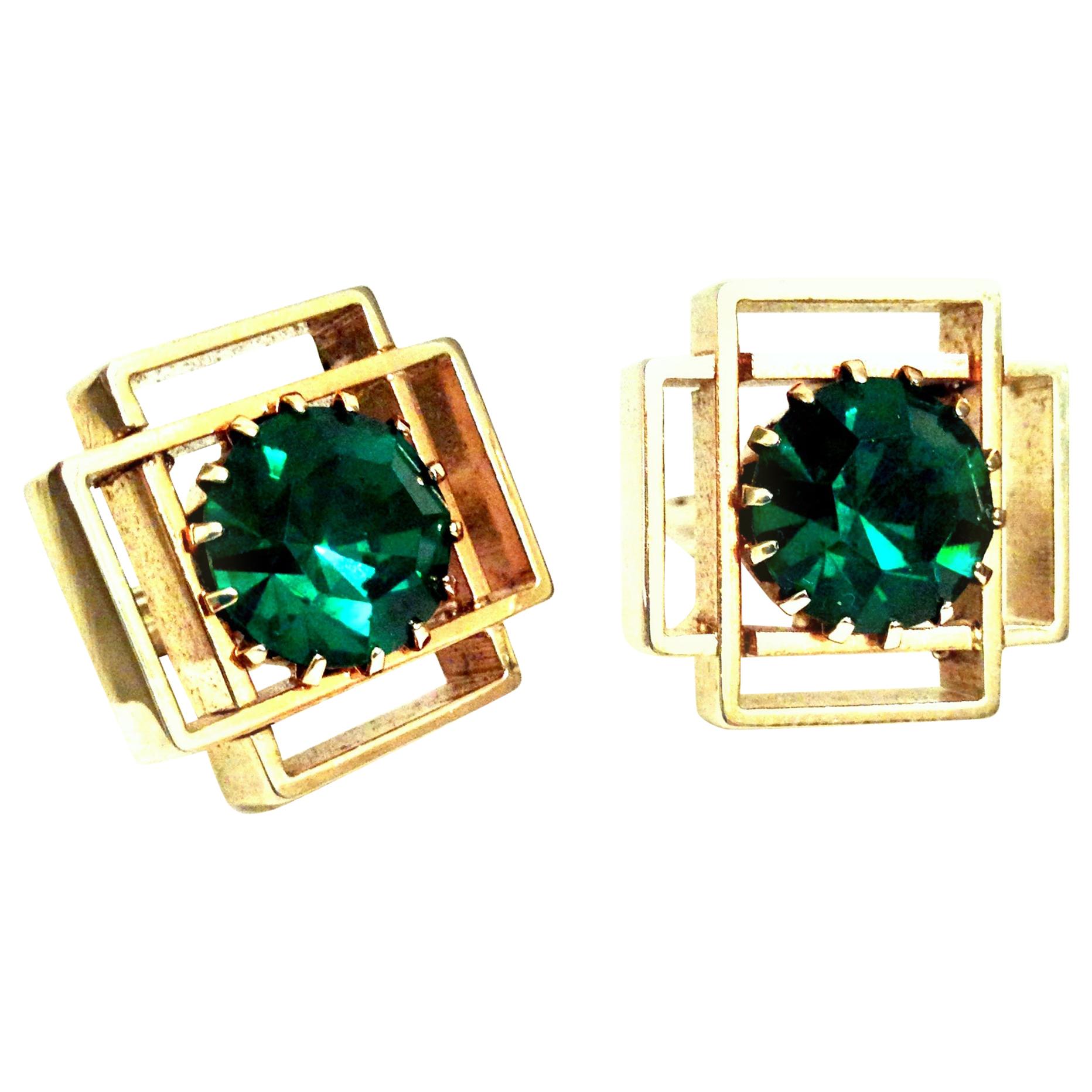 20th Century Pair Of Gold Plate & Austrian Crystal Geometric Cufflinks For Sale