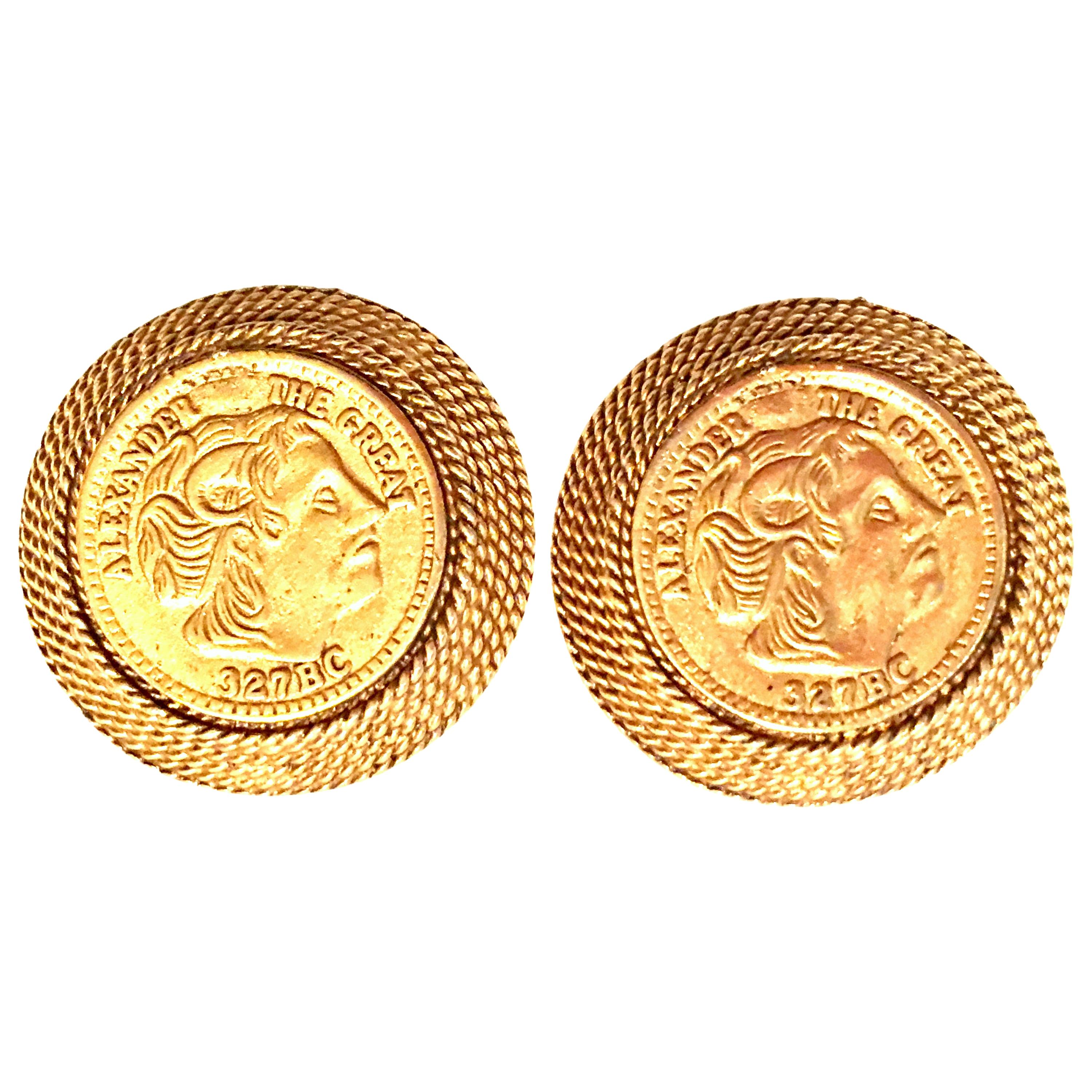 20th Century Pair Of Gold Plate Greek "Alexander The Great" Coin Earrings