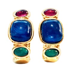 20th Century Pair Of Gold Plate & Molded Glass Hoop Earrings By, Trifari