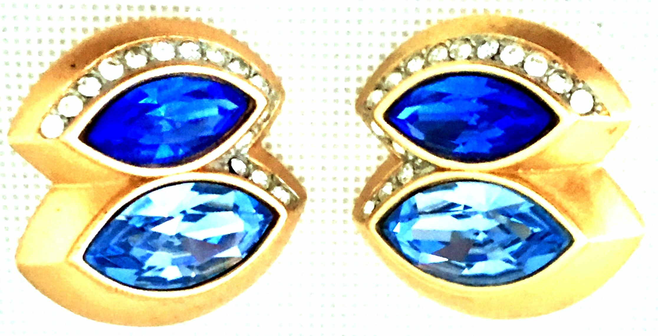 Women's or Men's 20th Century Pair Of Gold & Sapphire Blue Swarovski Crystal Earrings By, Monet