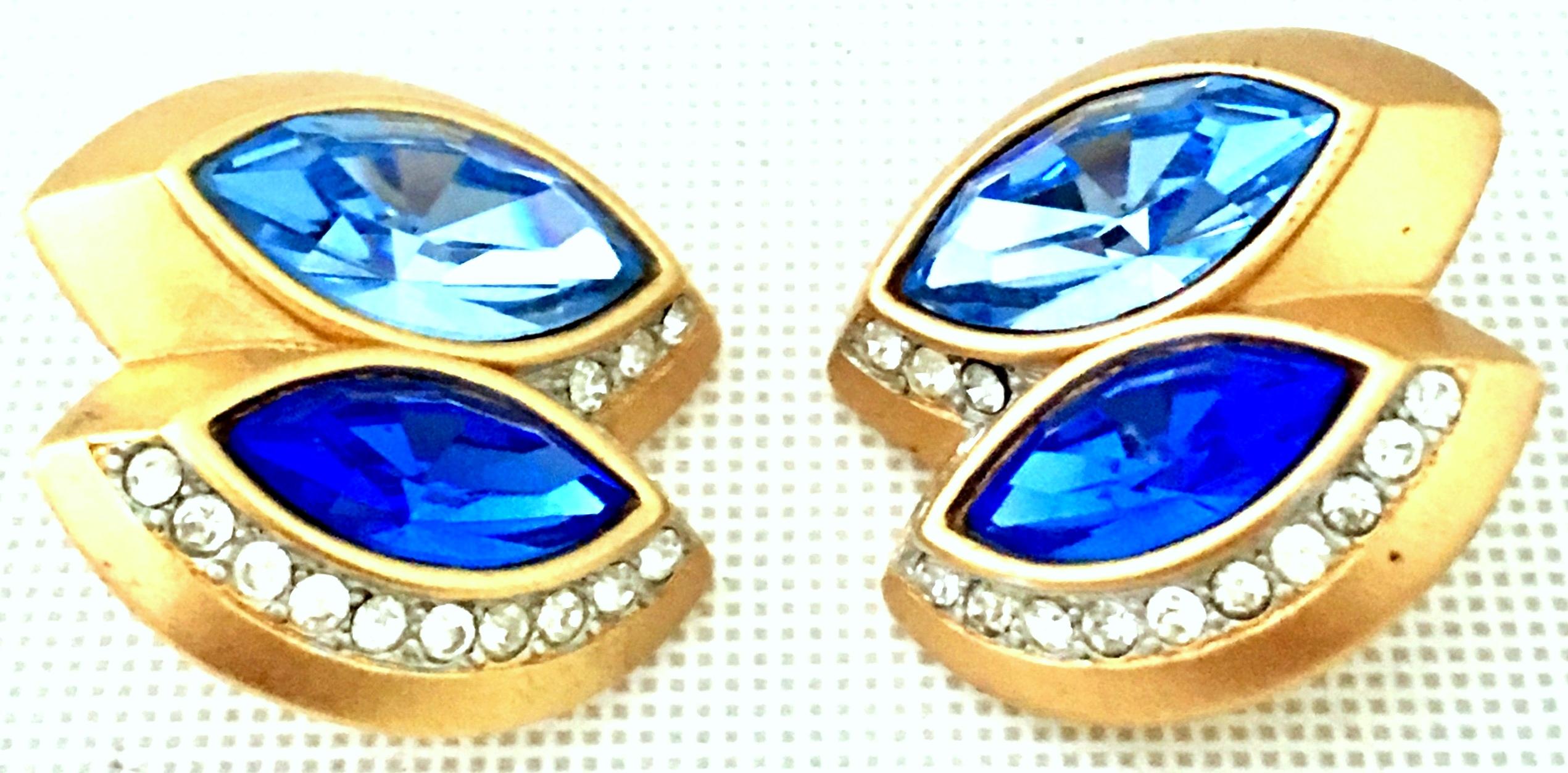 20th Century Pair Of Gold & Sapphire Blue Swarovski Crystal Earrings By, Monet 1