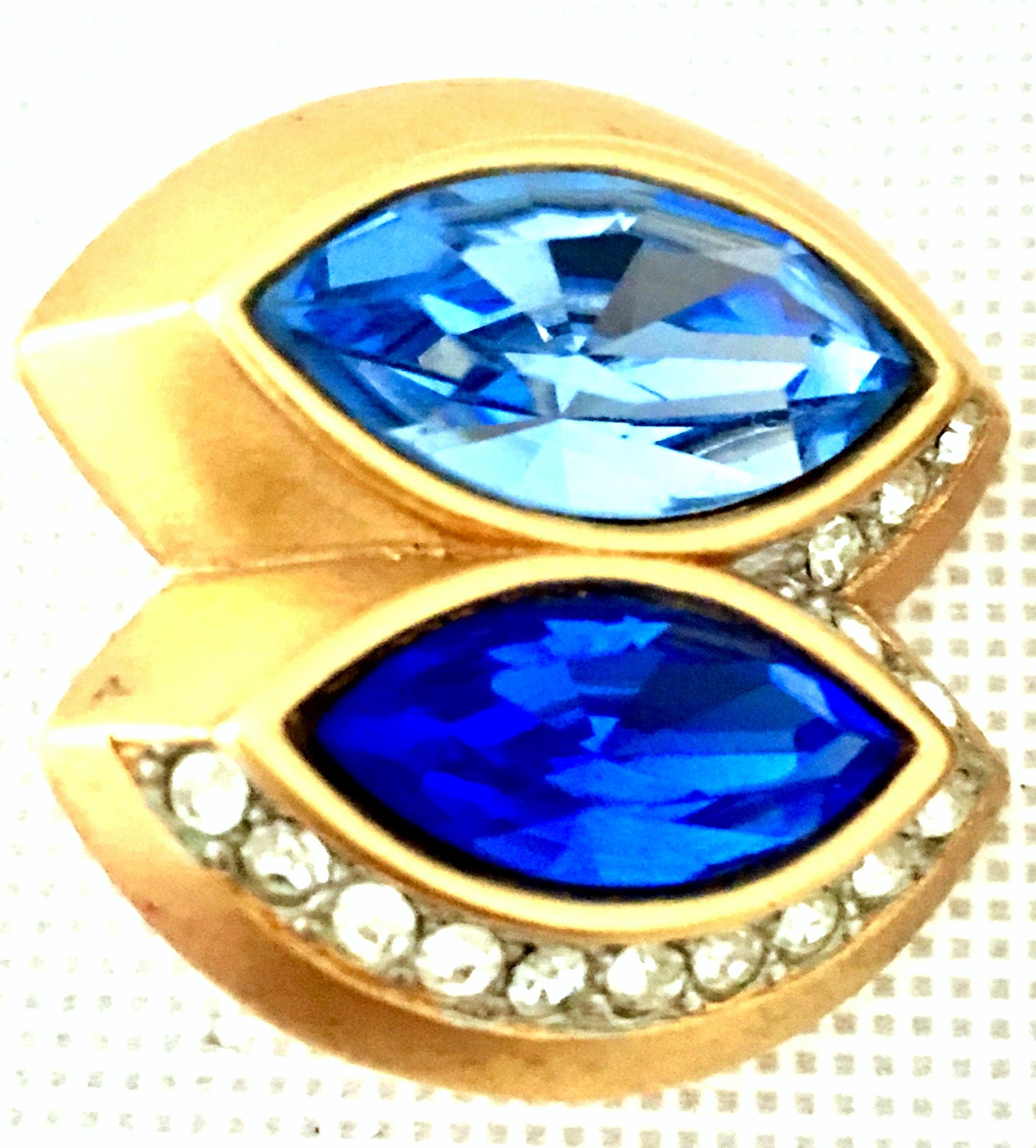 20th Century Pair Of Gold & Sapphire Blue Swarovski Crystal Earrings By, Monet 3