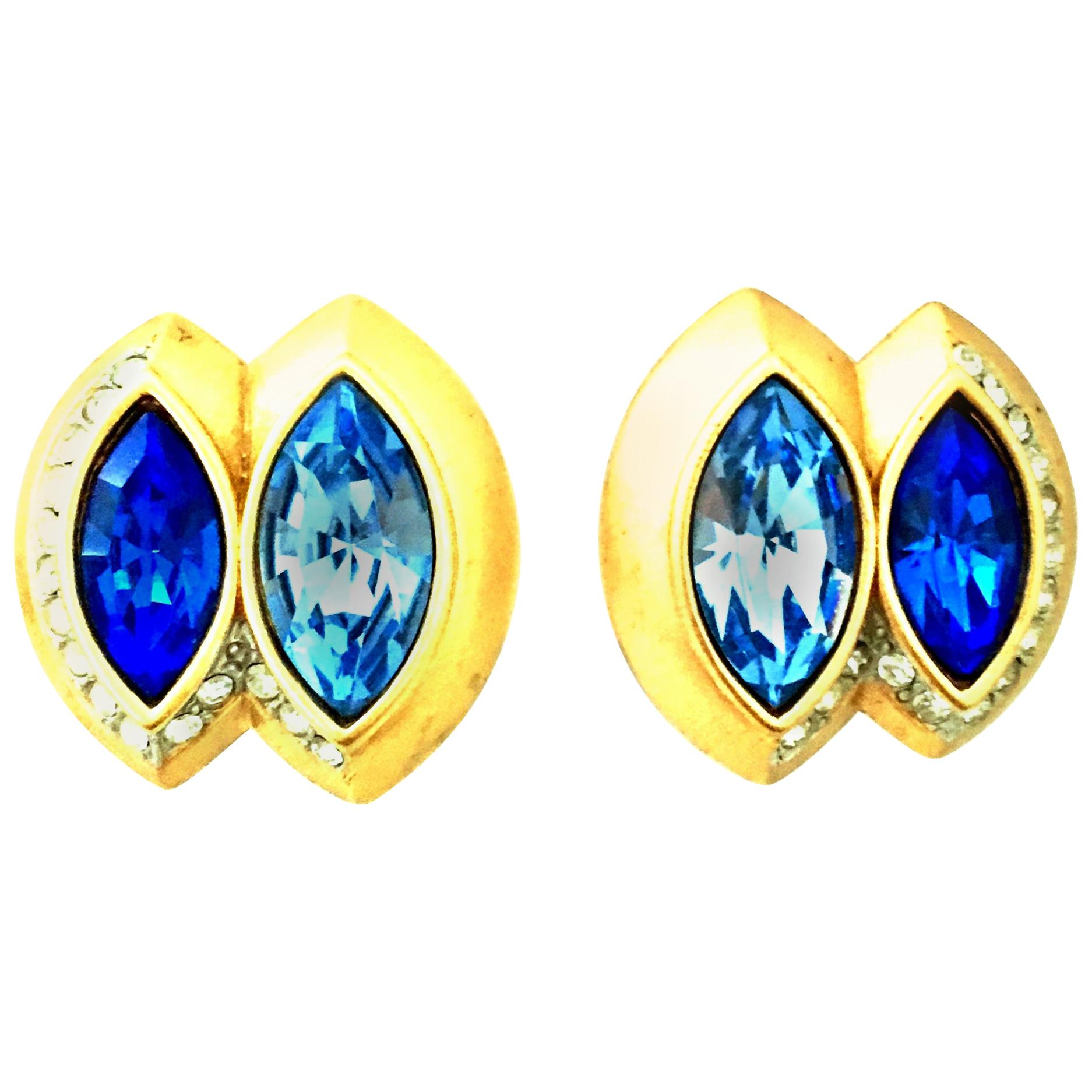 20th Century Pair Of Gold & Sapphire Blue Swarovski Crystal Earrings By, Monet