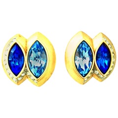 Vintage 20th Century Pair Of Gold & Sapphire Blue Swarovski Crystal Earrings By, Monet