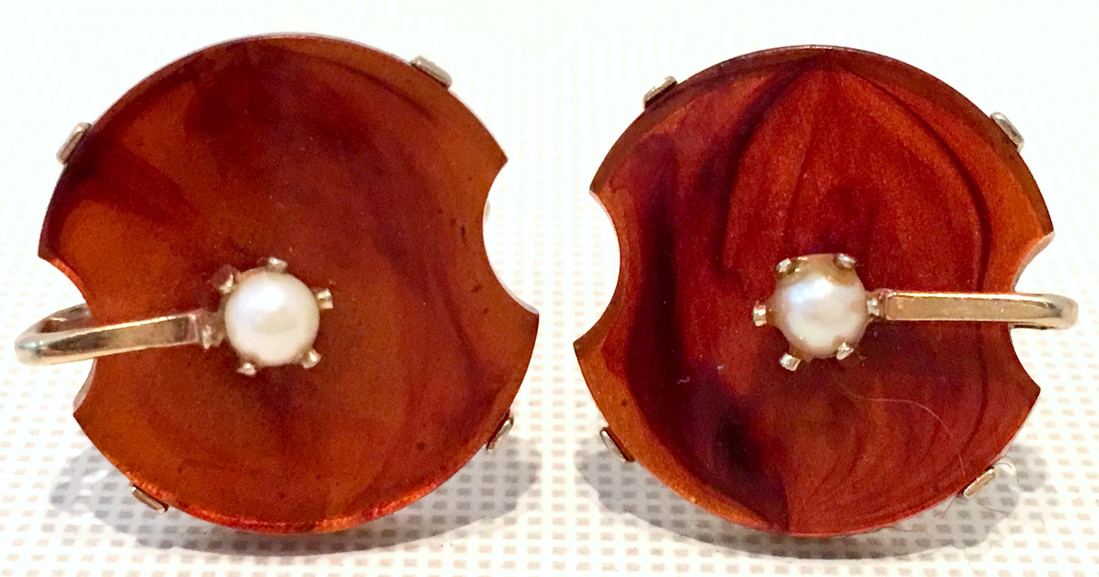 20th Century Pair of Gold Plate, Tortoise & Pearl Cufflinks By, Swank.