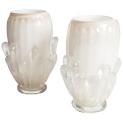 Pair of Mid-Century Italian Golden-White Murano Glass Vases by Constantini 1980s
