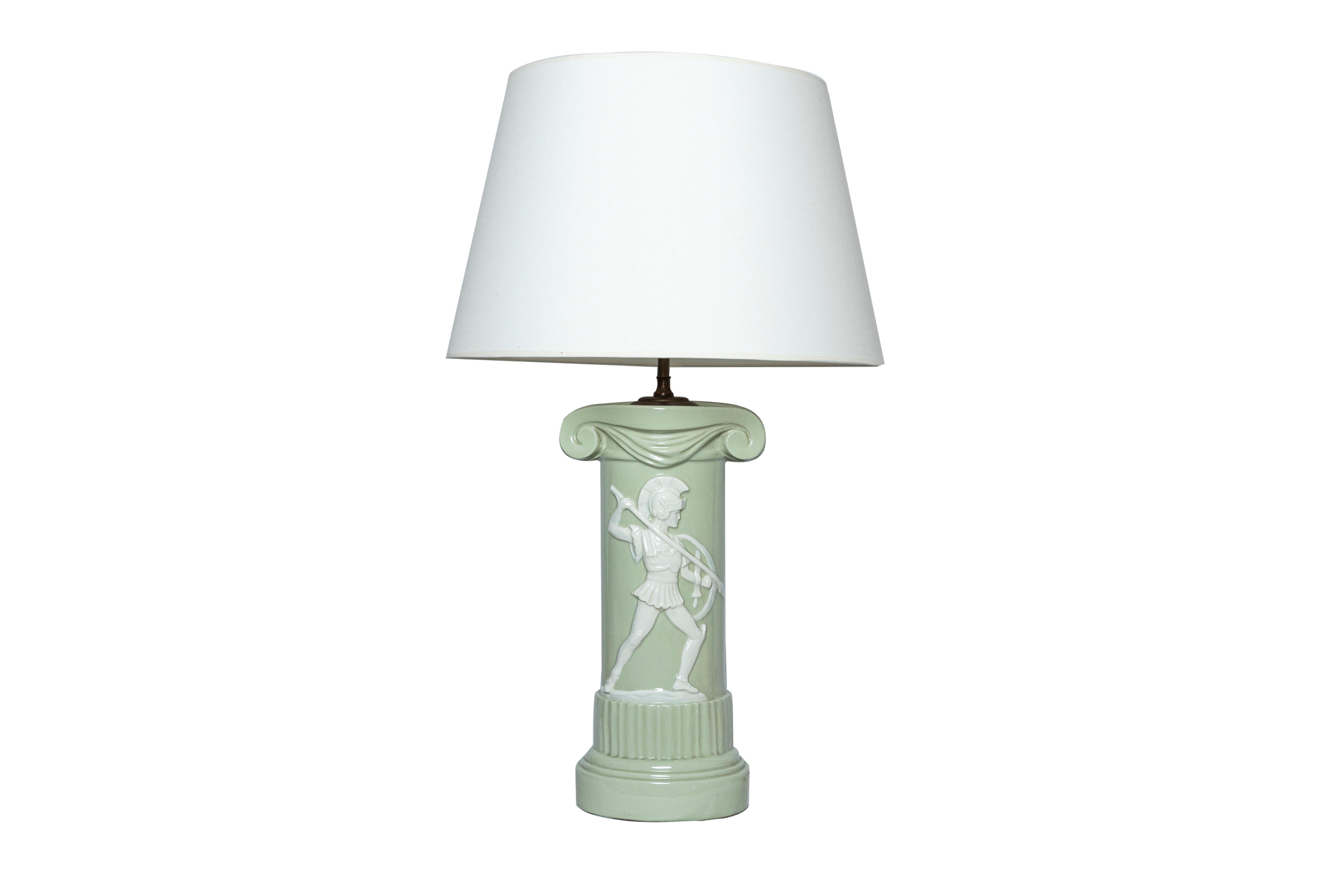 Pair of neoclassical style water green and white ionic column table lamps.
Both decorated in the center of the column with a white classic warrior.
With white cotton lampshades, 54cm diameter and 92cm high 