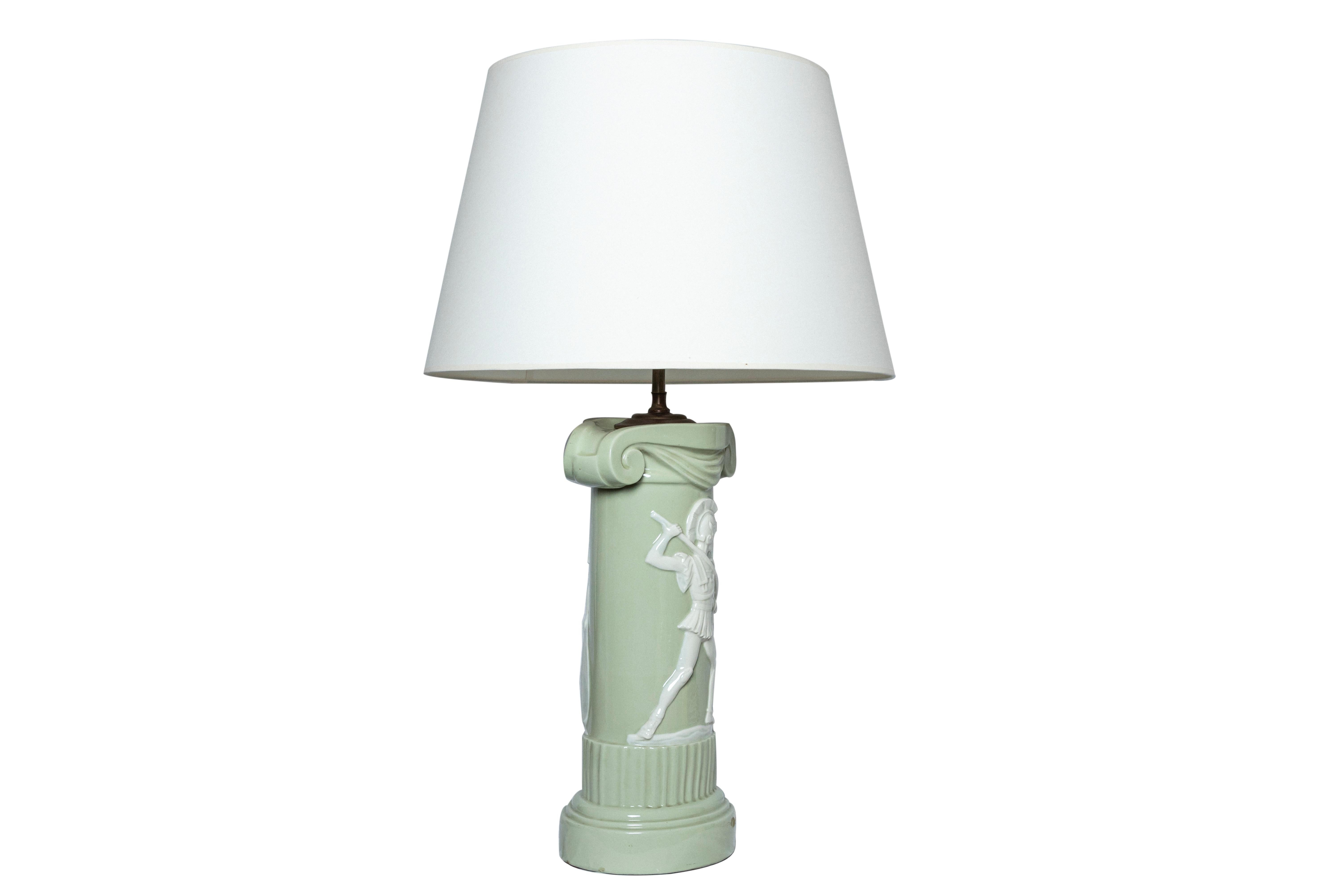 Neoclassical 20th century pair of green and white porcelain ionic column table lamps For Sale