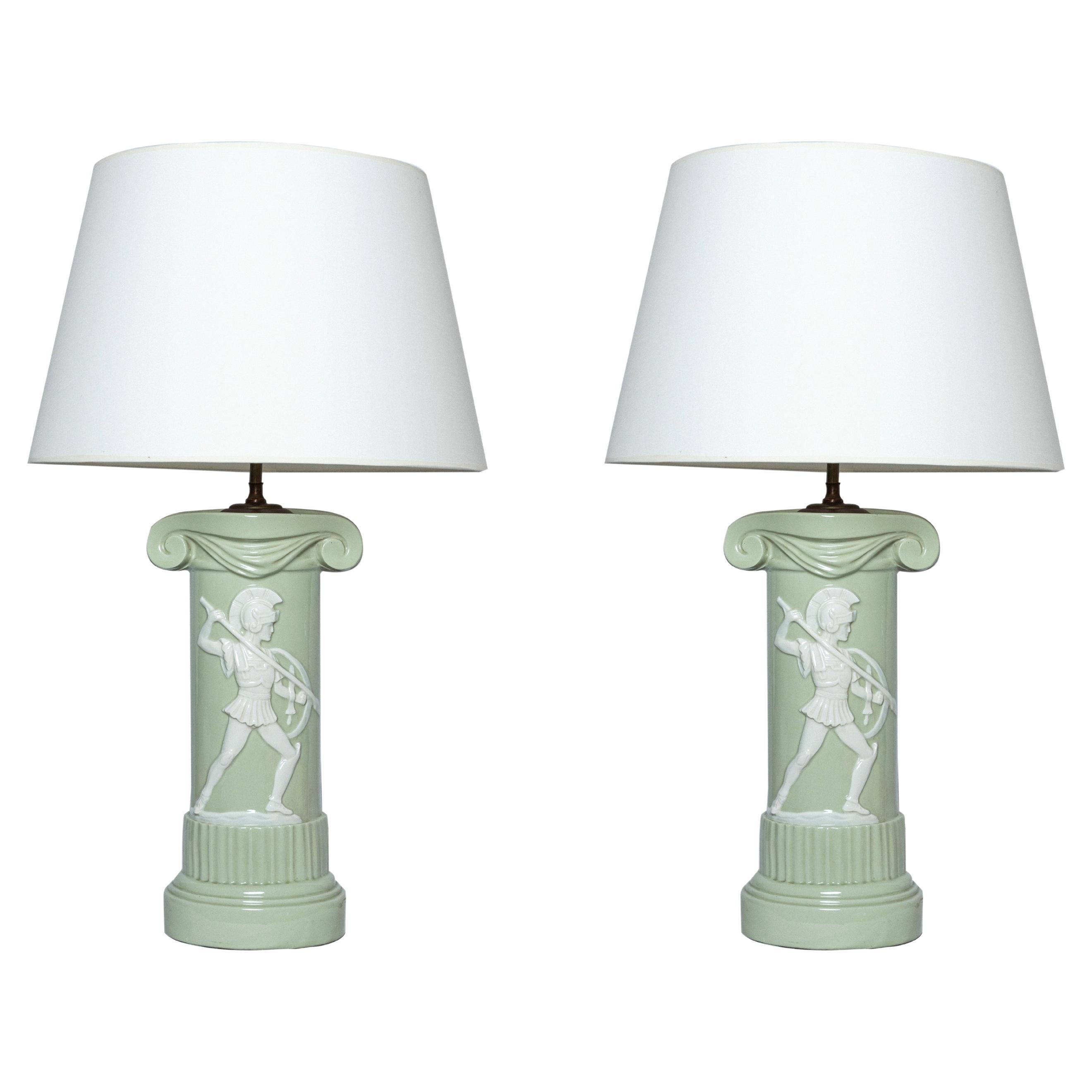20th century pair of green and white porcelain ionic column table lamps For Sale