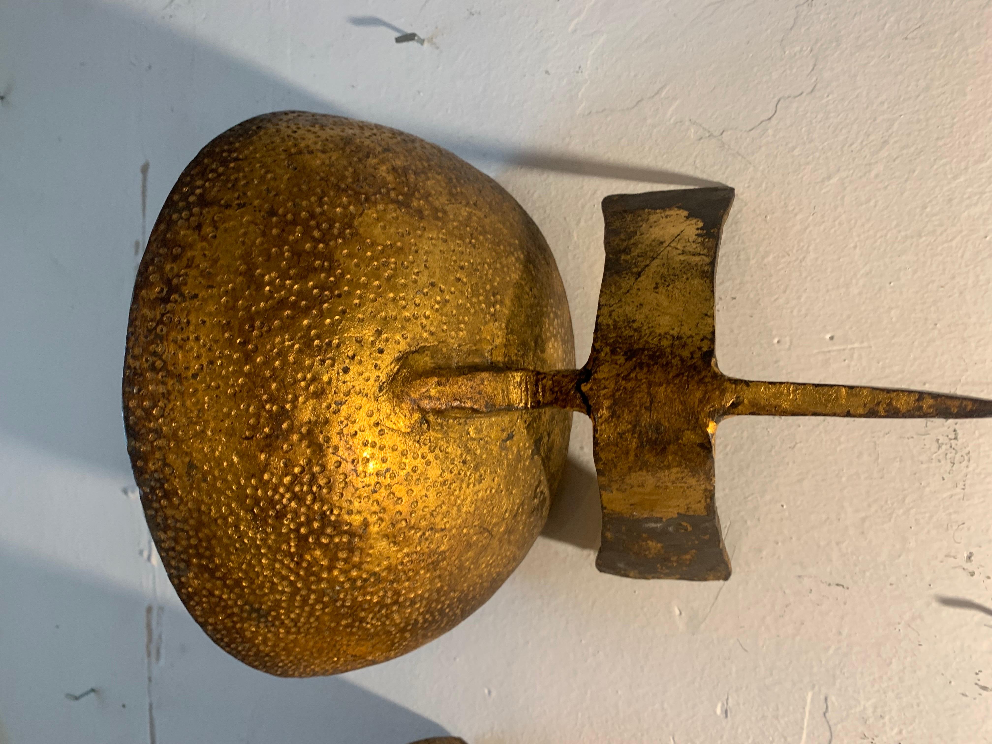 20th Century Pair of Hammered Gilt Iron Wall Sconces Du Plantier Style 6
