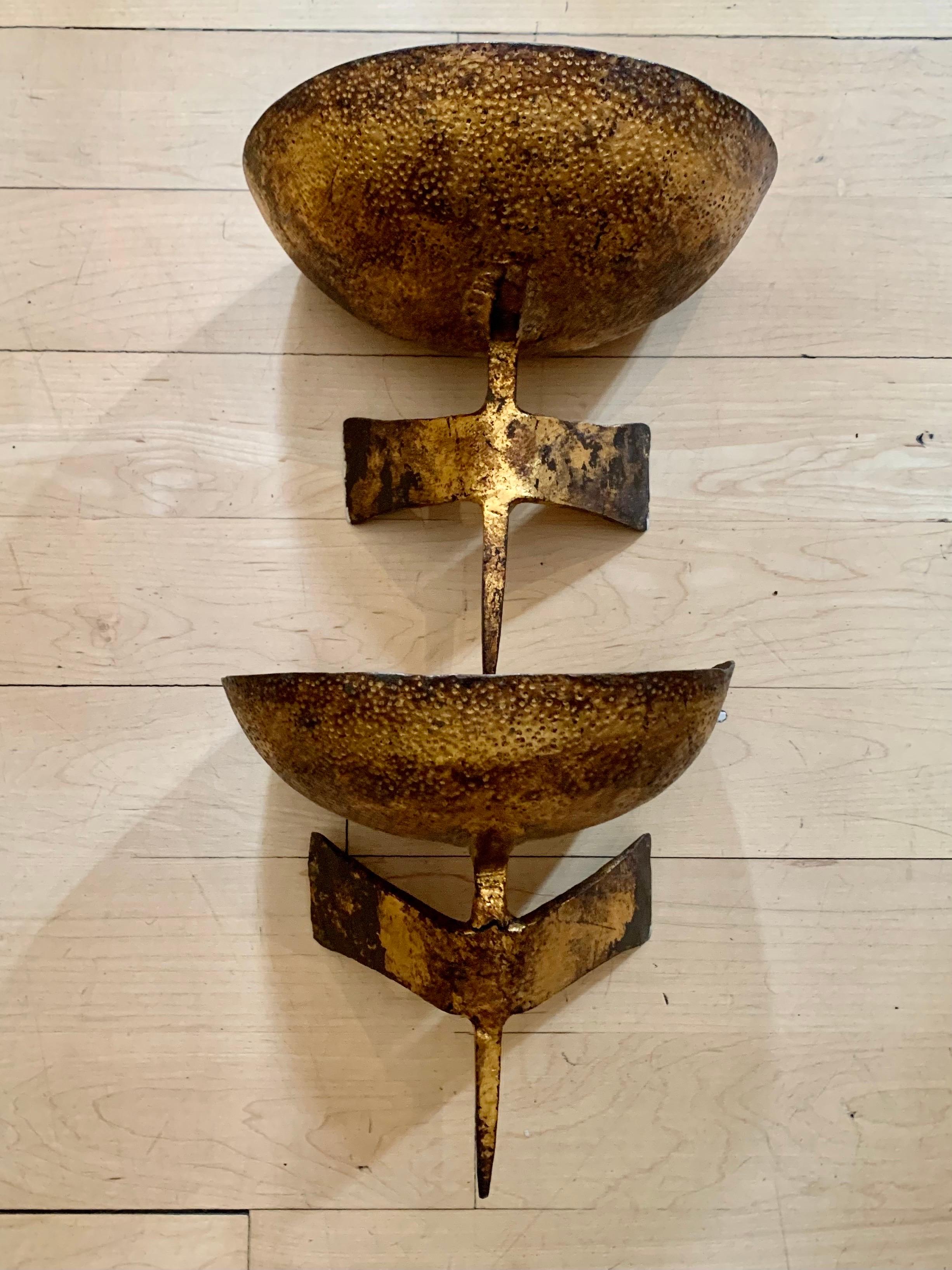 20th Century Pair of Hammered Gilt Iron Wall Sconces Du Plantier Style 7