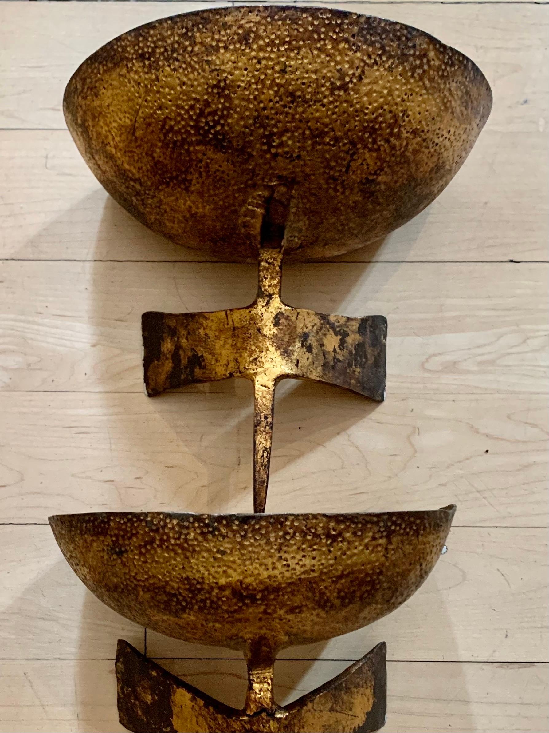 20th Century Pair of Hammered Gilt Iron Wall Sconces Du Plantier Style 8