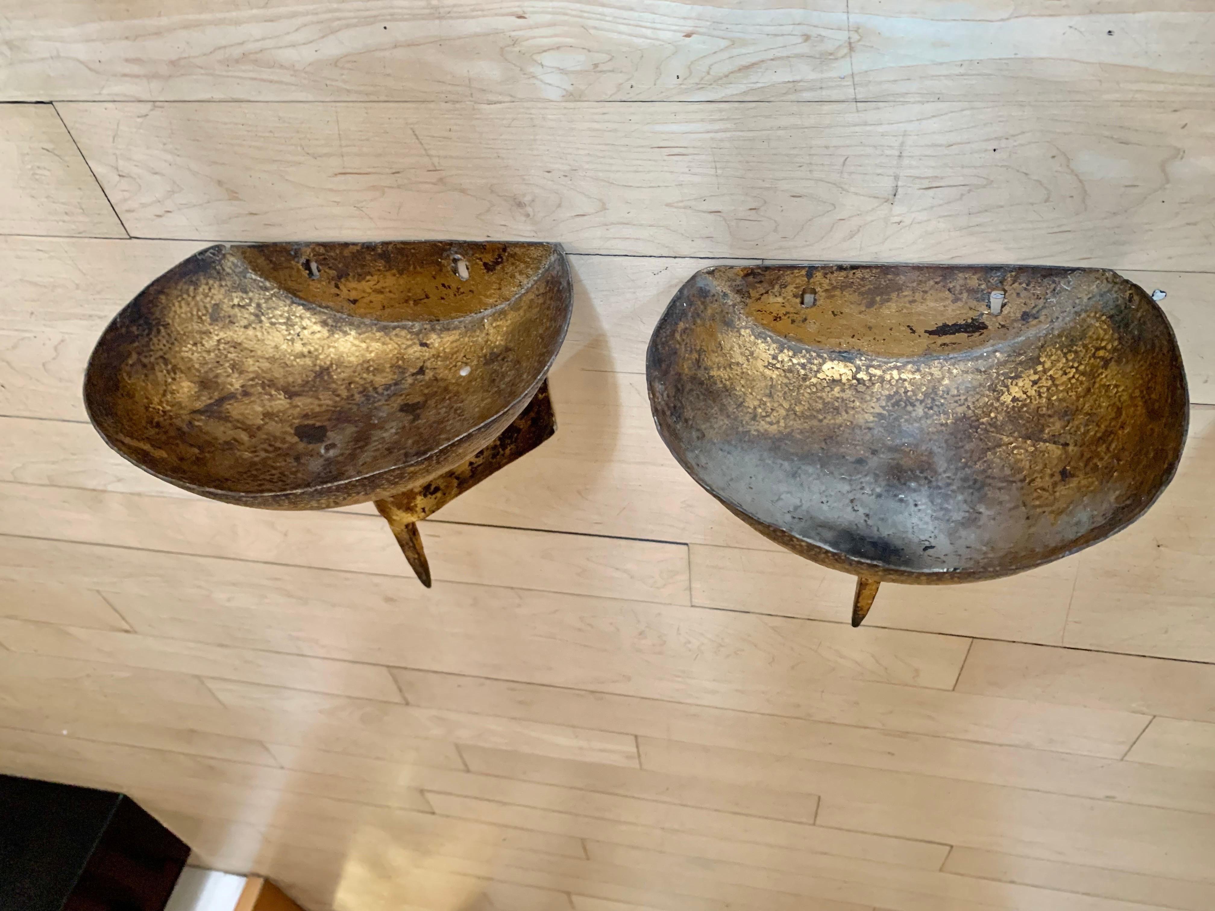 20th Century Pair of Hammered Gilt Iron Wall Sconces Du Plantier Style 9