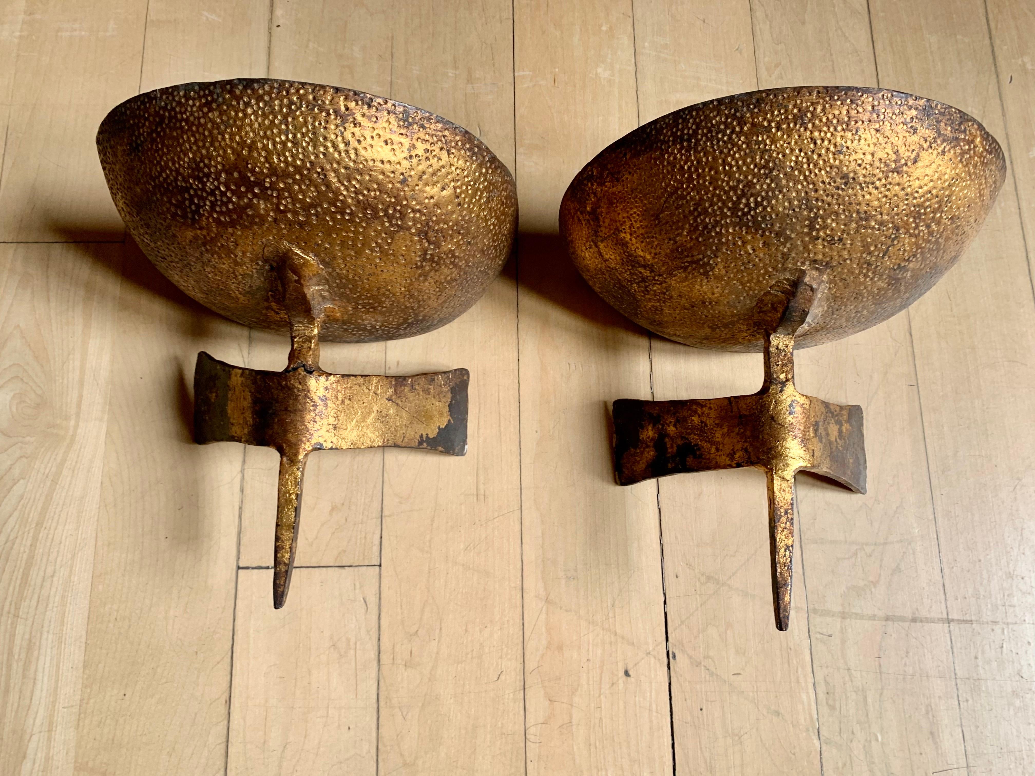 20th Century Pair of Hammered Gilt Iron Wall Sconces Du Plantier Style 11
