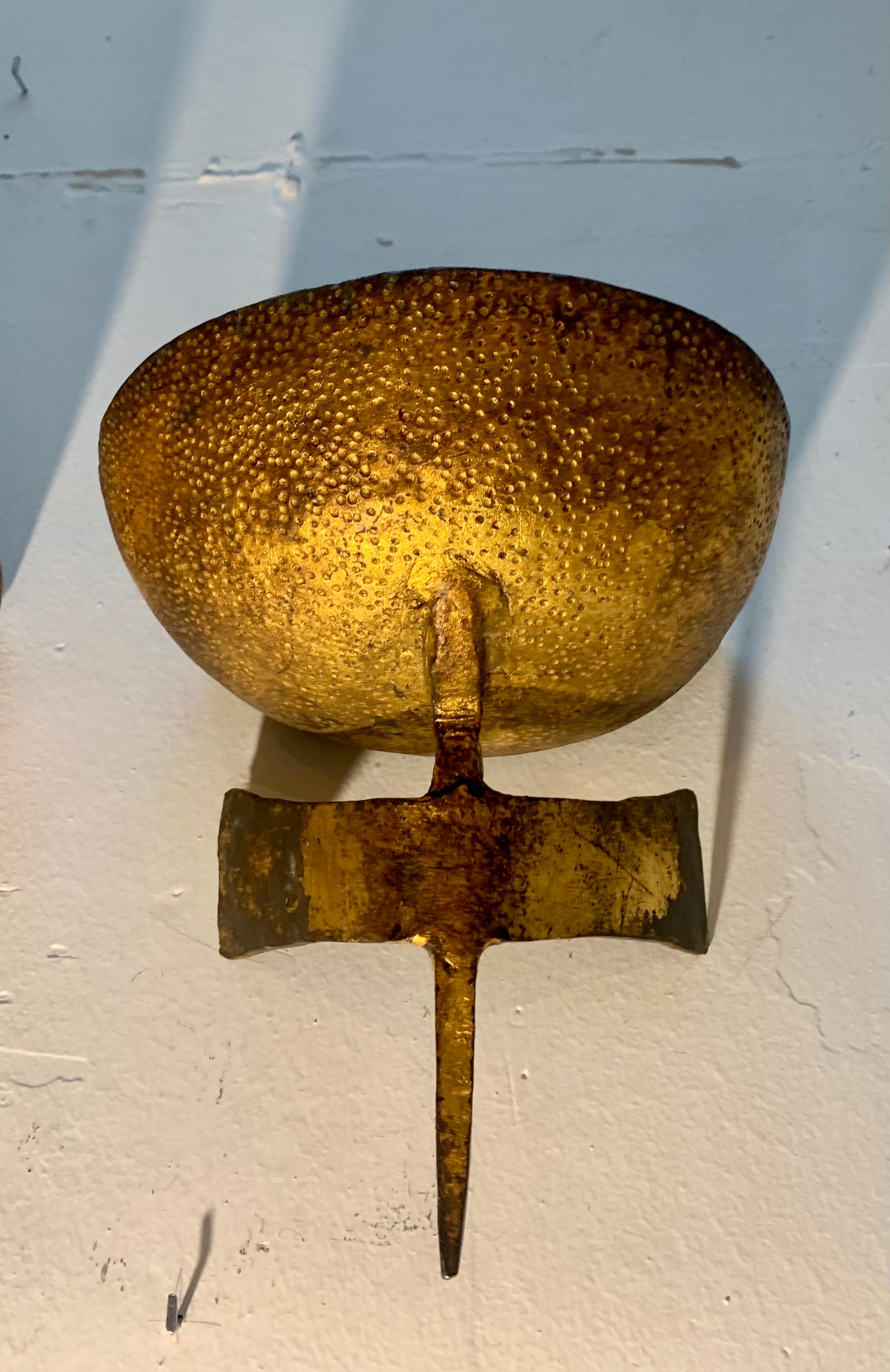 Neoclassical Revival 20th Century Pair of Hammered Gilt Iron Wall Sconces Du Plantier Style