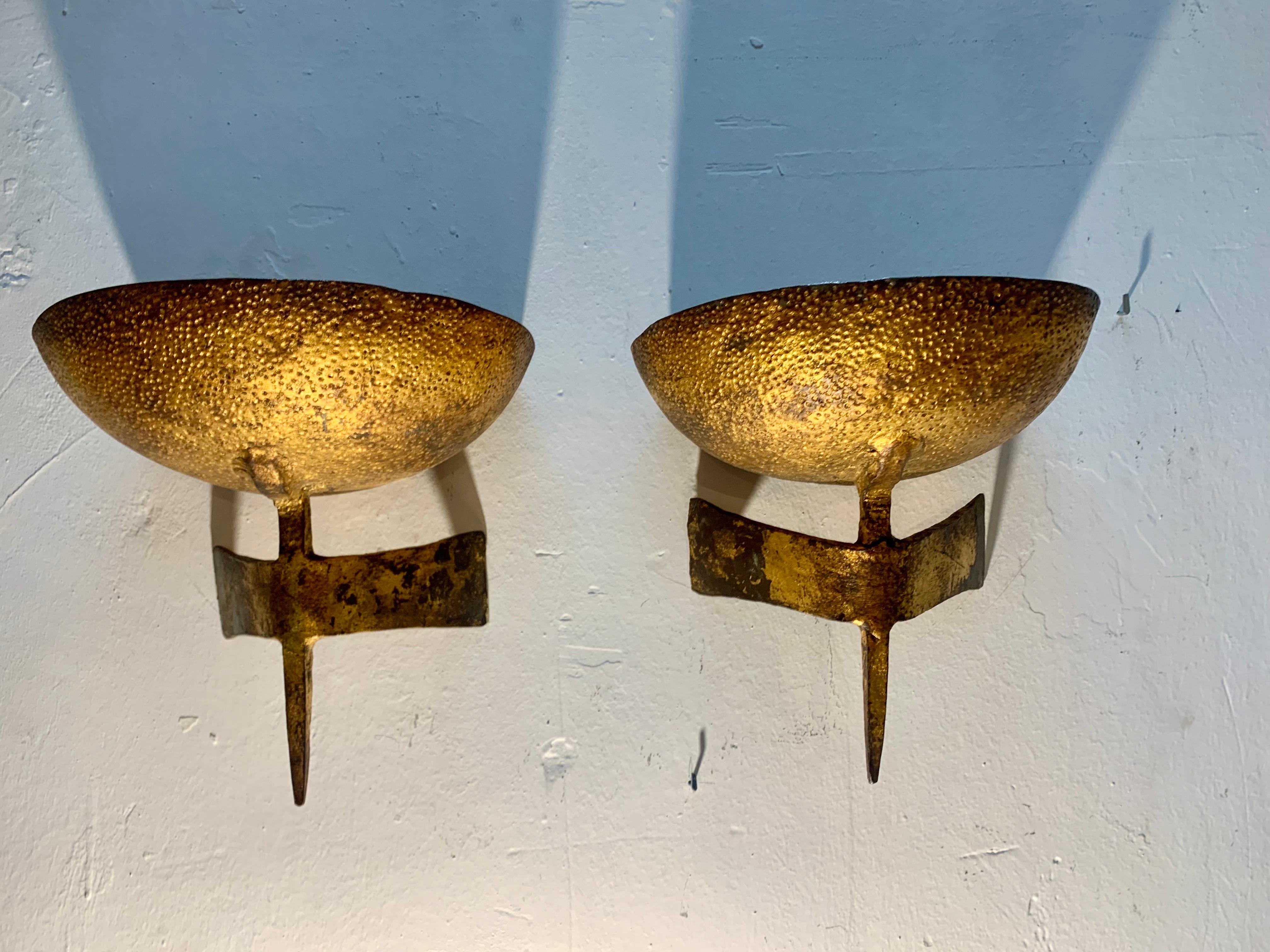 20th Century Pair of Hammered Gilt Iron Wall Sconces Du Plantier Style 2