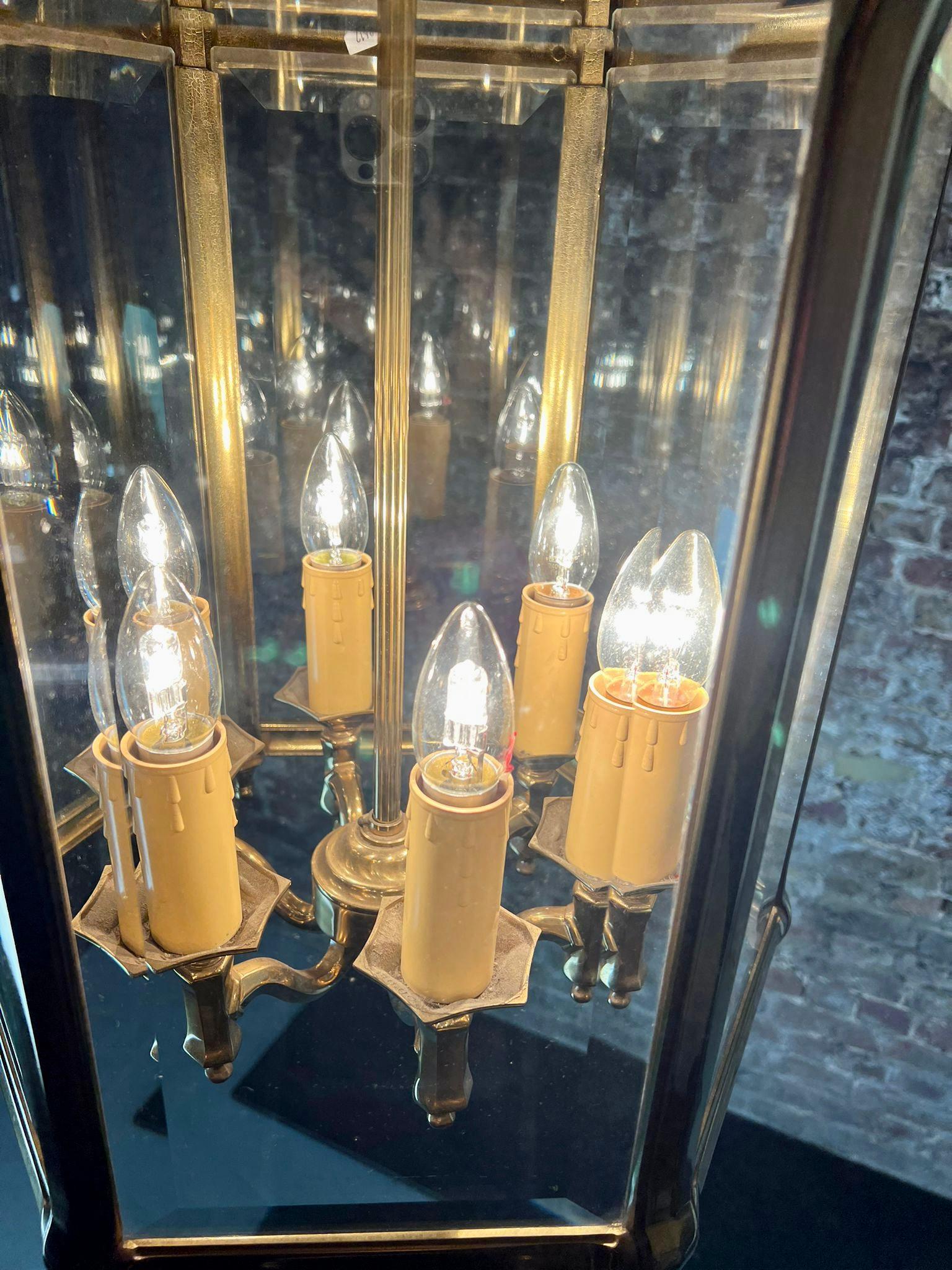 20th Century Pair Of Hexangonal Shaped Brass Roof Hung Lanterns 4