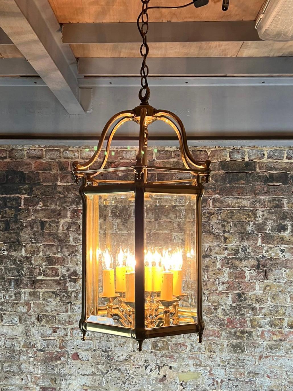 British 20th Century Pair Of Hexangonal Shaped Brass Roof Hung Lanterns  For Sale