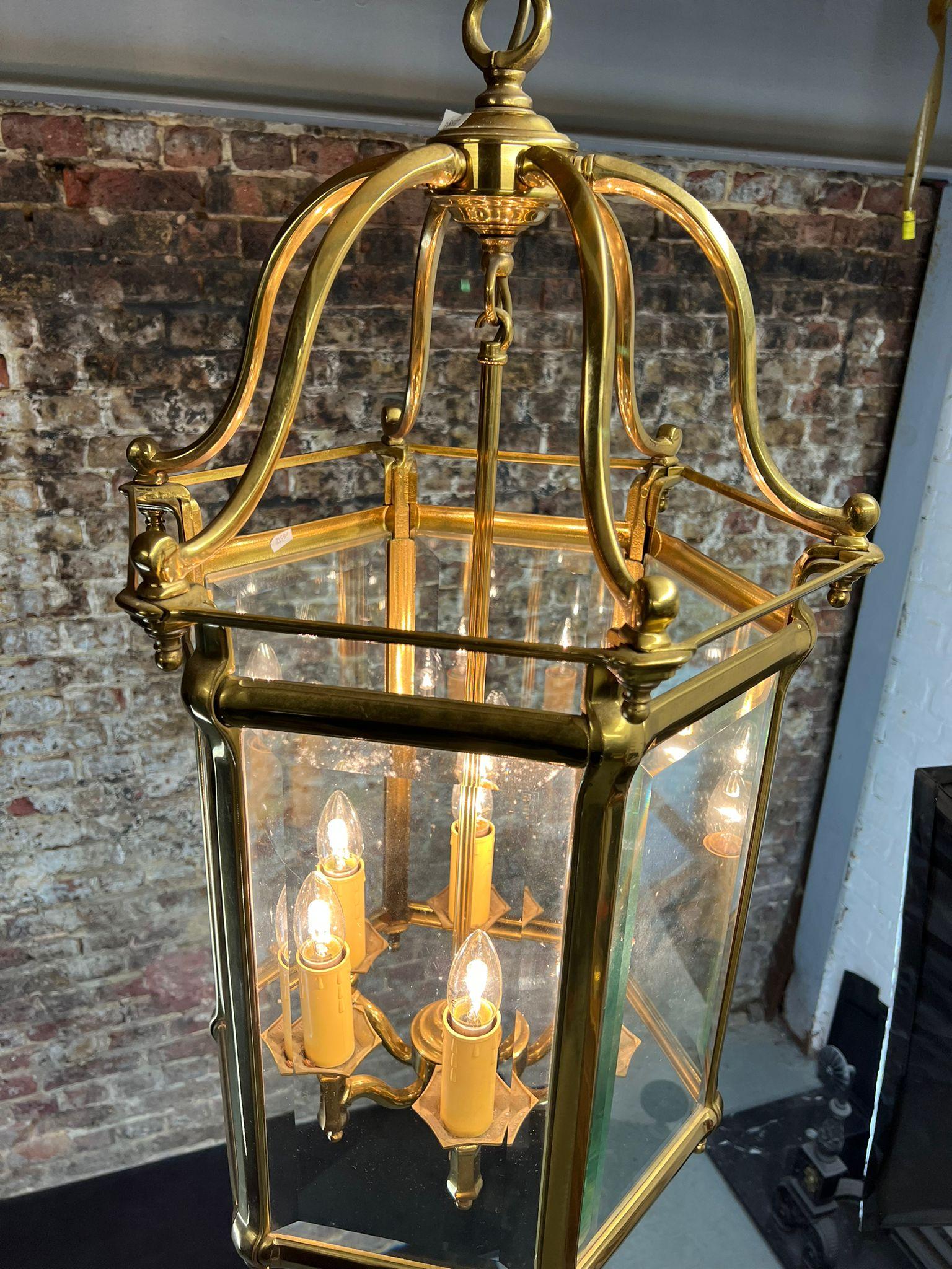 20th Century Pair Of Hexangonal Shaped Brass Roof Hung Lanterns  For Sale 1