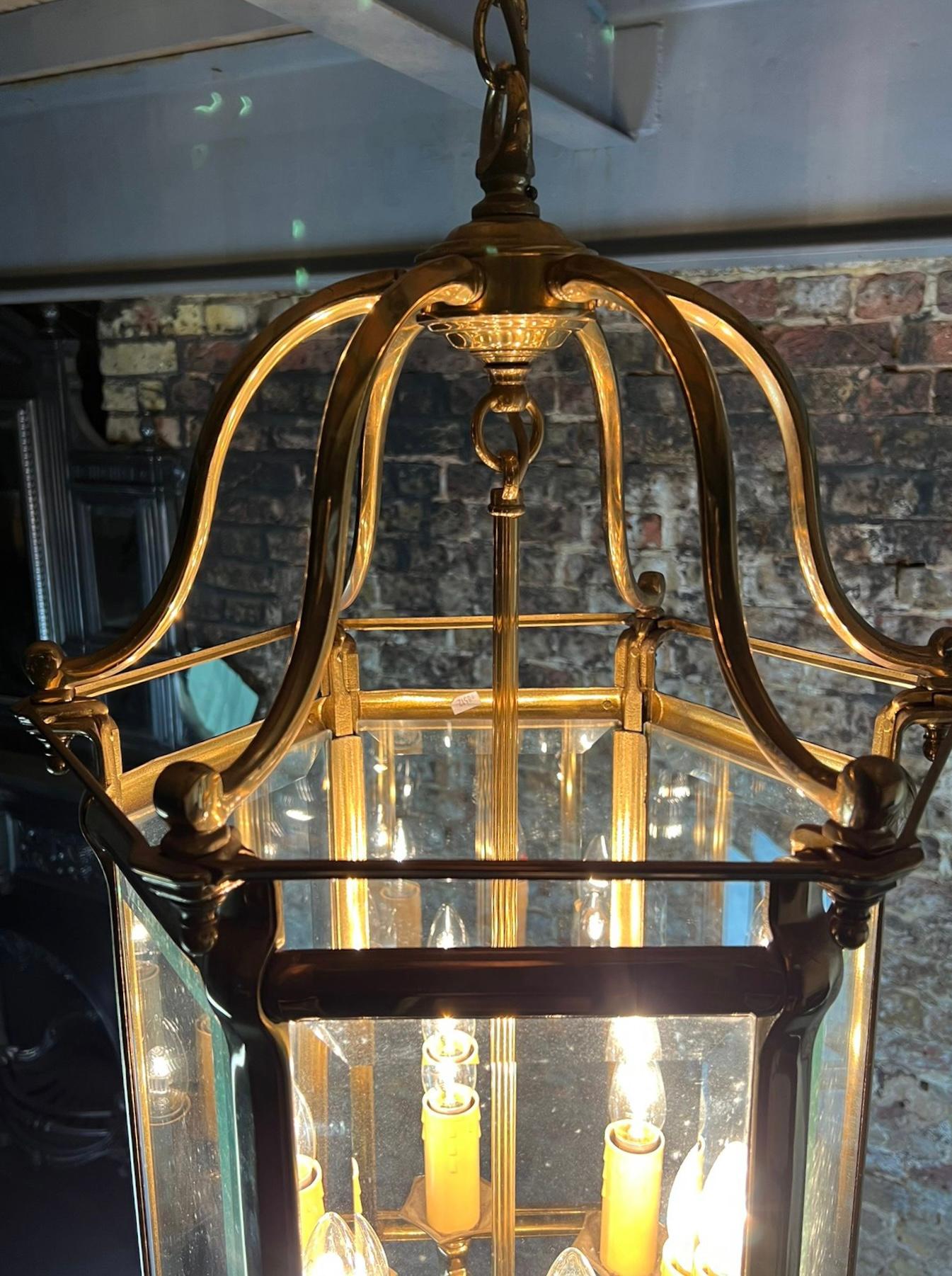 20th Century Pair Of Hexangonal Shaped Brass Roof Hung Lanterns  For Sale 2