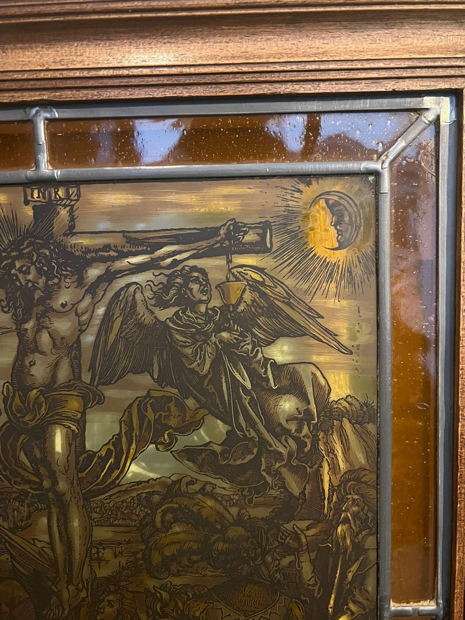 Rare pair of backlit glass panels, with wooden frame depicting two of the most beautiful engravings by Albrecht Dürer. Polloni glassware, early 20th century.

One of the two presents a restoration that is not visible.