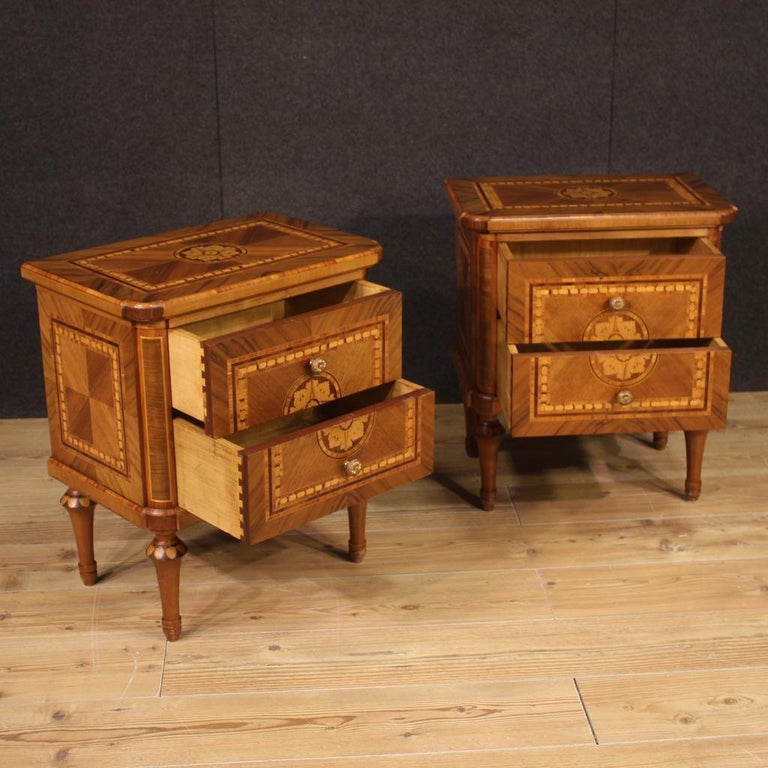 20th Century Pair of Inlaid Wood Louis XVI style Italian Bedside Tables, 1970 6