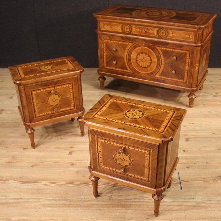 Late 20th Century 20th Century Pair of Inlaid Wood Louis XVI style Italian Bedside Tables, 1970
