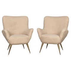 20th Century Pair Of Italian Armchairs In Cream Boucle, c.1950