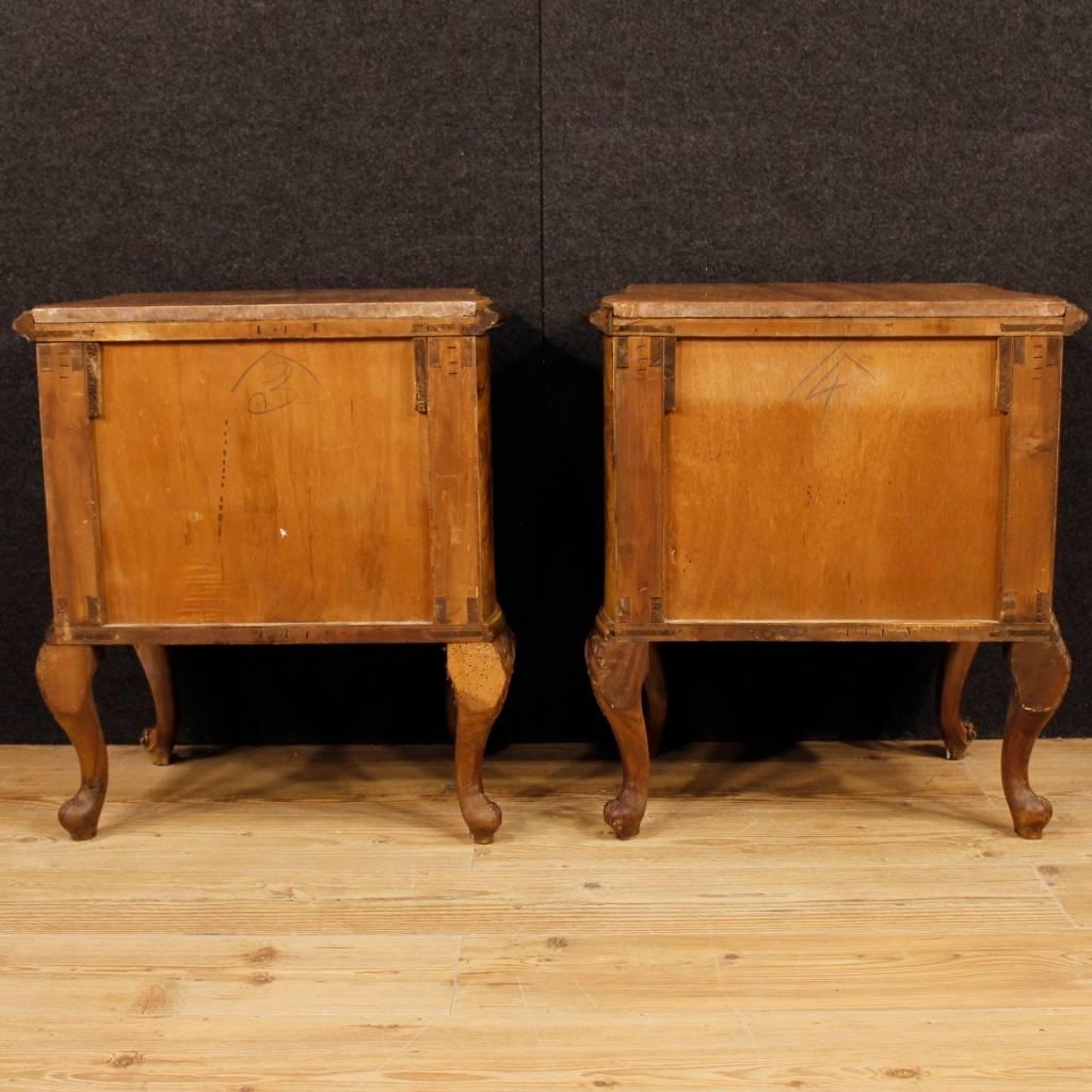 Mid-20th Century 20th Century Pair of Italian Bedside Tables in Walnut and Burl with Marble Top