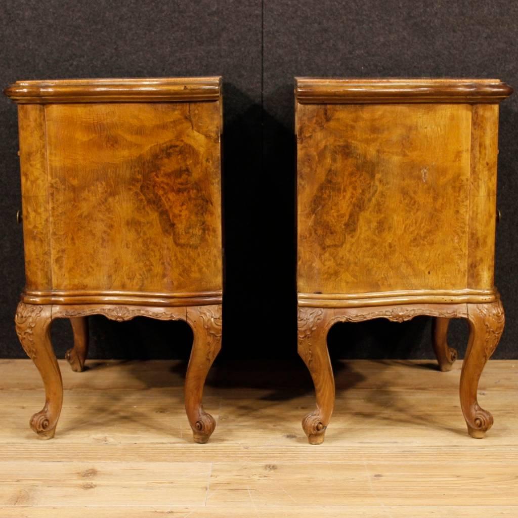 20th Century Pair of Italian Bedside Tables in Walnut and Burl with Marble Top 1