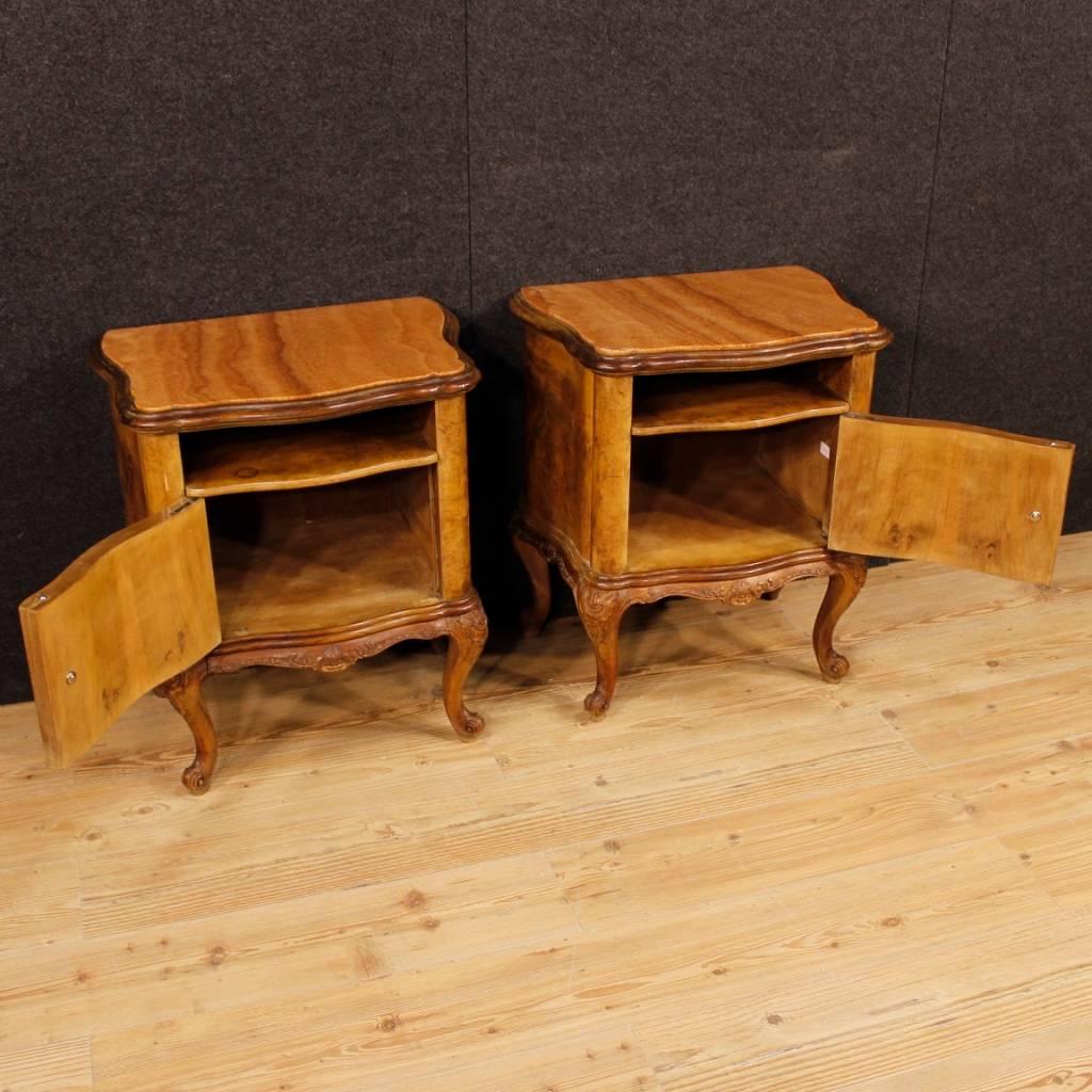 20th Century Pair of Italian Bedside Tables in Walnut and Burl with Marble Top 2