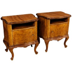 20th Century Pair of Italian Bedside Tables in Walnut and Burl with Marble Top
