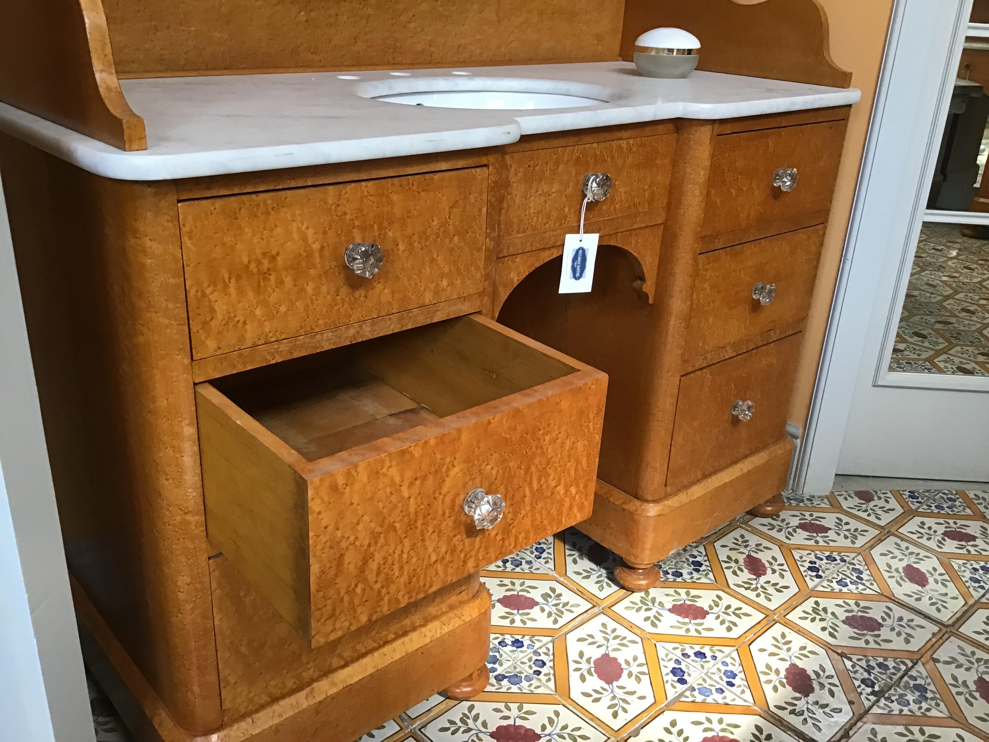 20th Century Pair of Italian Brier-Root Veneer with Carrara Marble Wash Cabinets For Sale 3