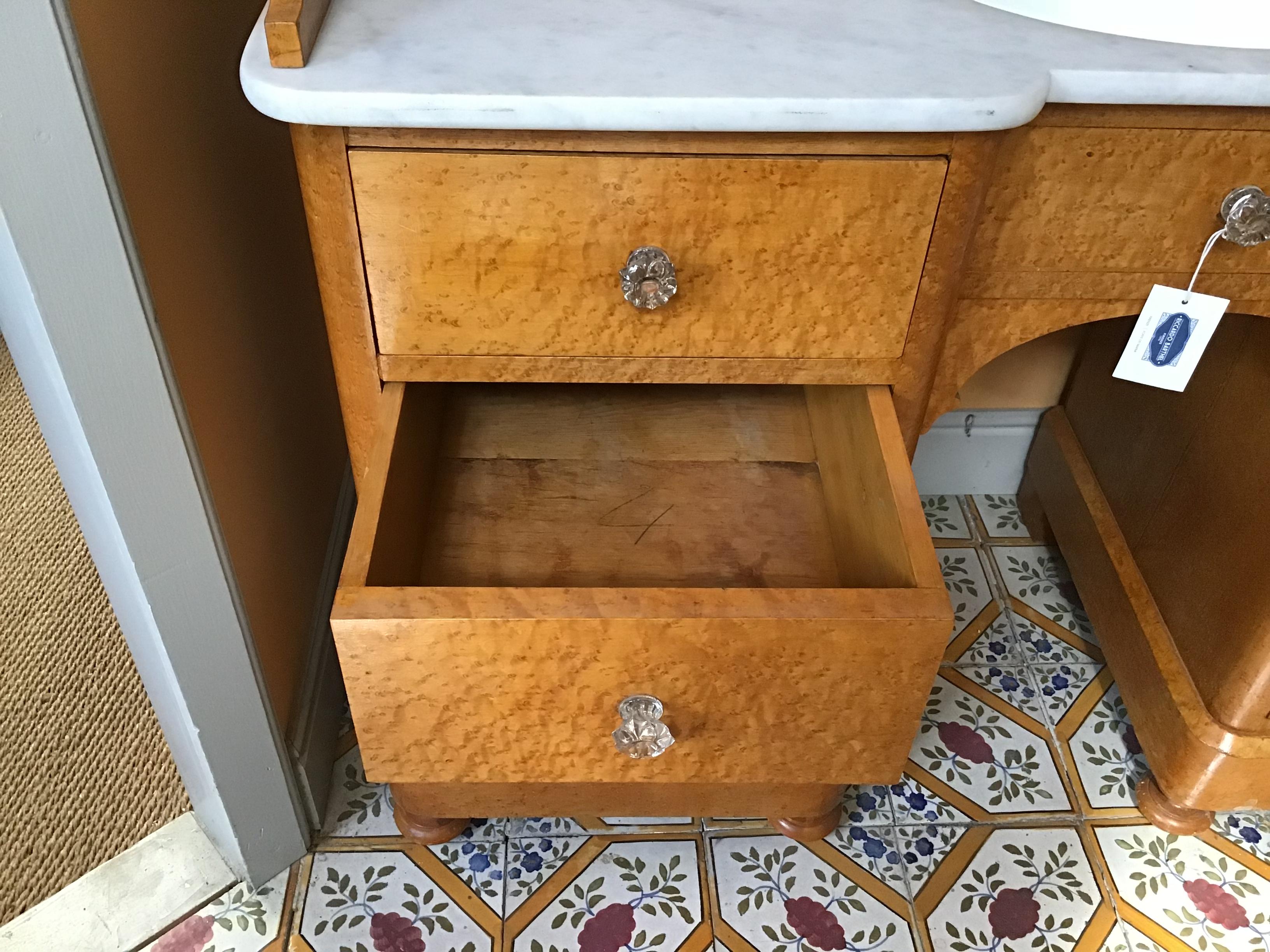 20th Century Pair of Italian Brier-Root Veneer with Carrara Marble Wash Cabinets For Sale 4